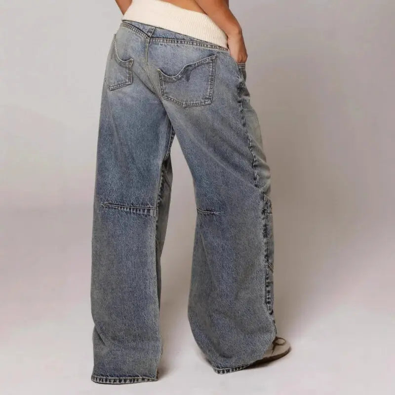 Women's High-Waisted Relaxed Fit Jeans Light Wash Wide Leg Pants with Elastic Ribbed Waist for Casual Street Style Y2K Vintage Loose Denim | Lonoma
