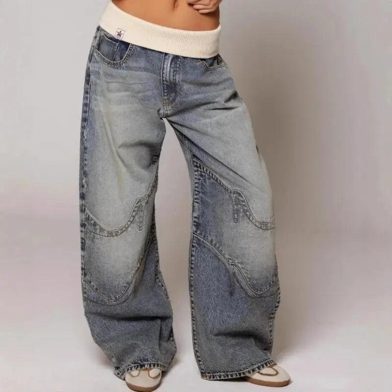 Women's High-Waisted Relaxed Fit Jeans Light Wash Wide Leg Pants with Elastic Ribbed Waist for Casual Street Style Y2K Vintage Loose Denim | Lonoma
