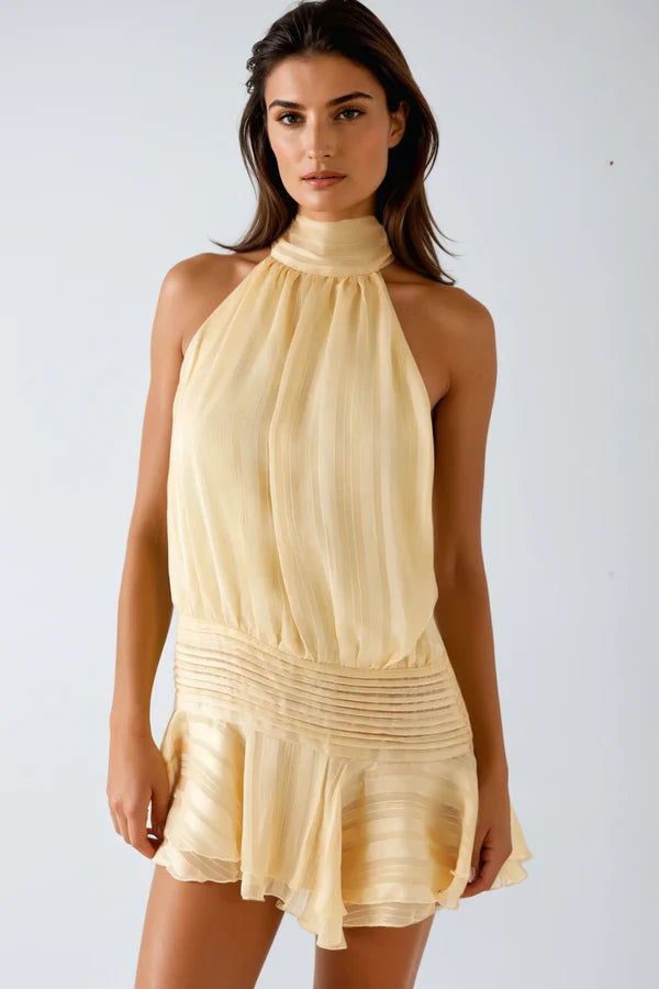 Women's Halter Neck Ruched Mini Dress with Ruffle Detail for Summer Evenings and Cocktail Events | Koossa