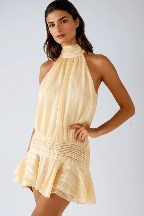 Women's Halter Neck Ruched Mini Dress with Ruffle Detail for Summer Evenings and Cocktail Events | Koossa