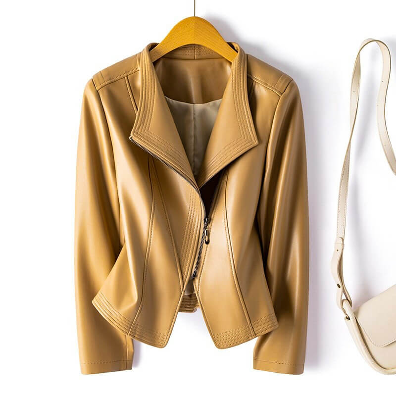 Women's Tailored Faux Leather Biker Jacket in Black, Red & Beige for Evening & Weekend | Koossa