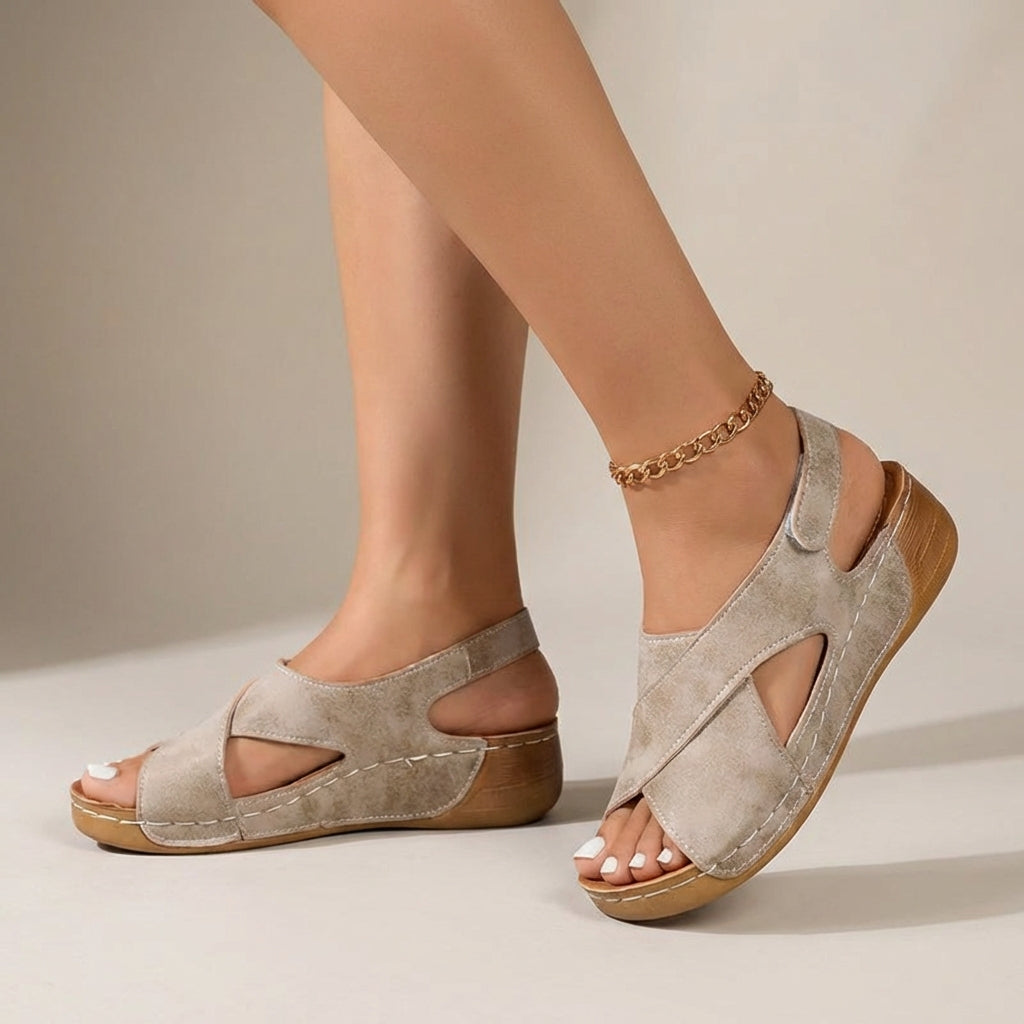 Women's Wedge Sandals in Soft Slingback Silhouette with Cross Straps for Warm-Weather Elegance and Elevated Comfort | Koossa