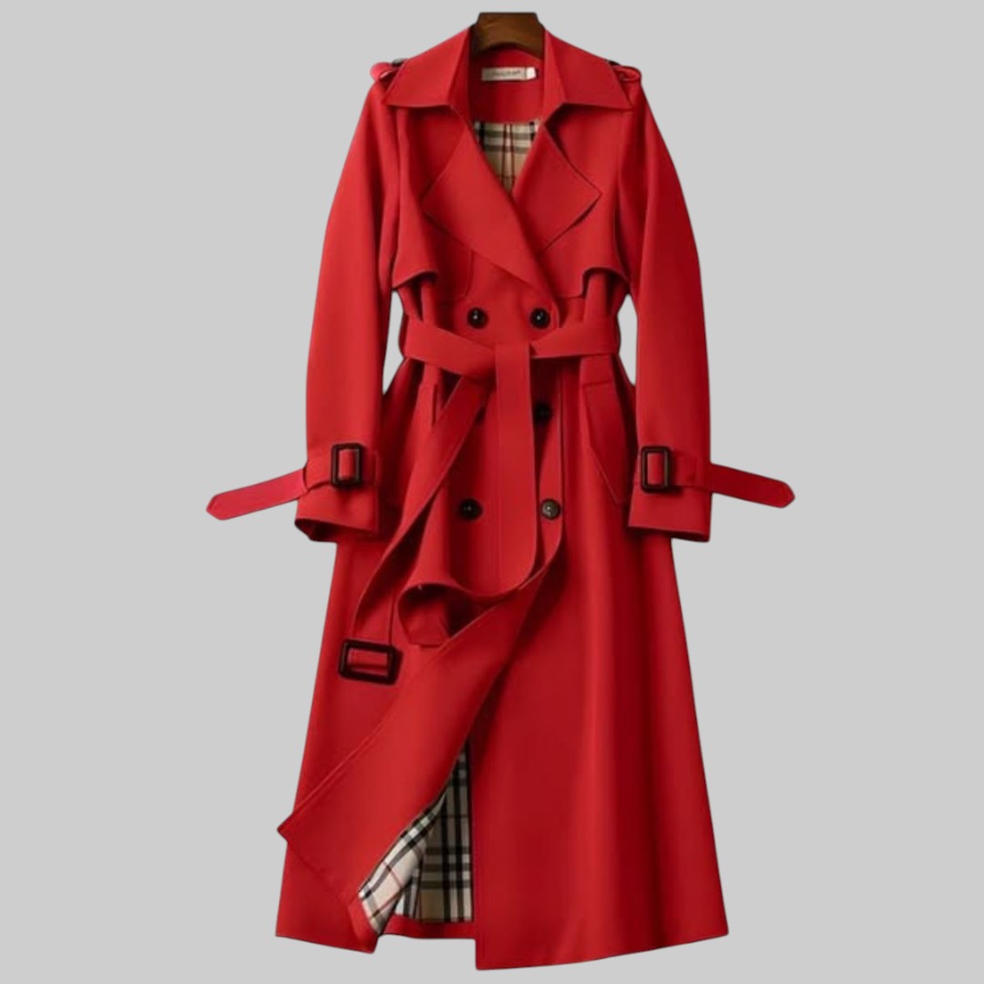 Women's Belted Trench Coat Extended Length Classic Double Front Button Lapel Collar Adjustable Waist Structured Outerwear for Office | Lonoma