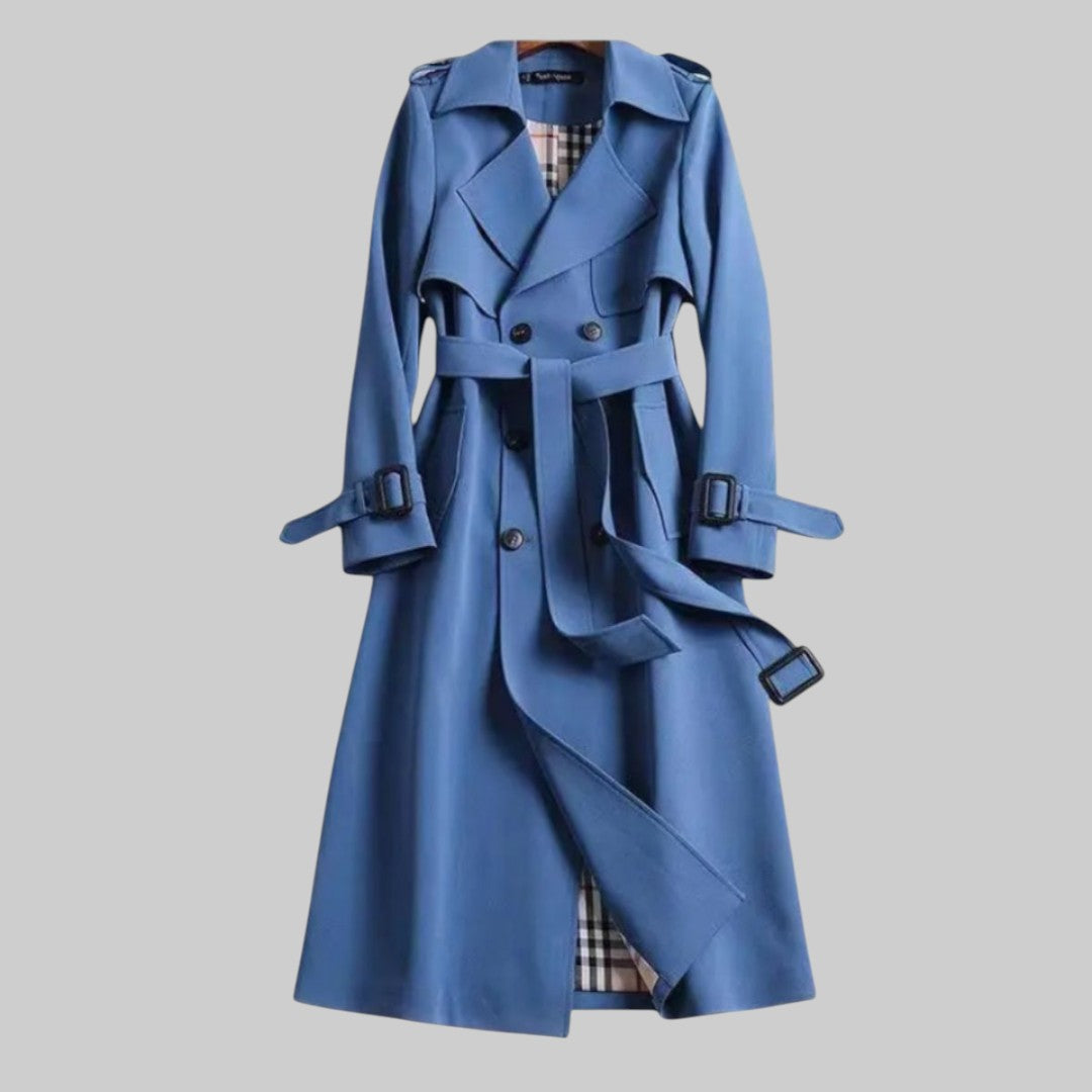 Women's Belted Trench Coat Extended Length Classic Double Front Button Lapel Collar Adjustable Waist Structured Outerwear for Office | Lonoma