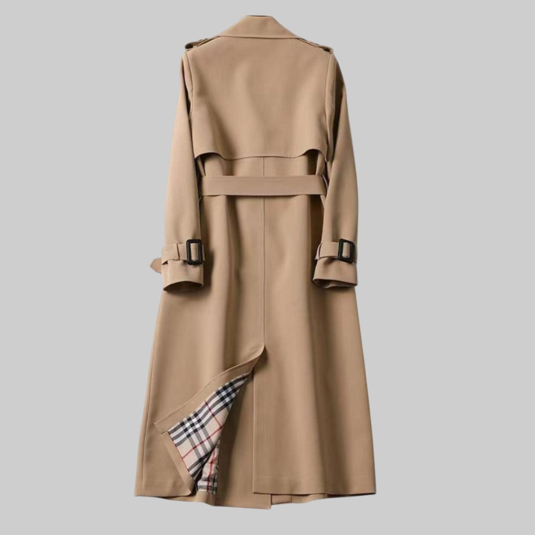 Women's Belted Trench Coat Extended Length Classic Double Front Button Lapel Collar Adjustable Waist Structured Outerwear for Office | Lonoma