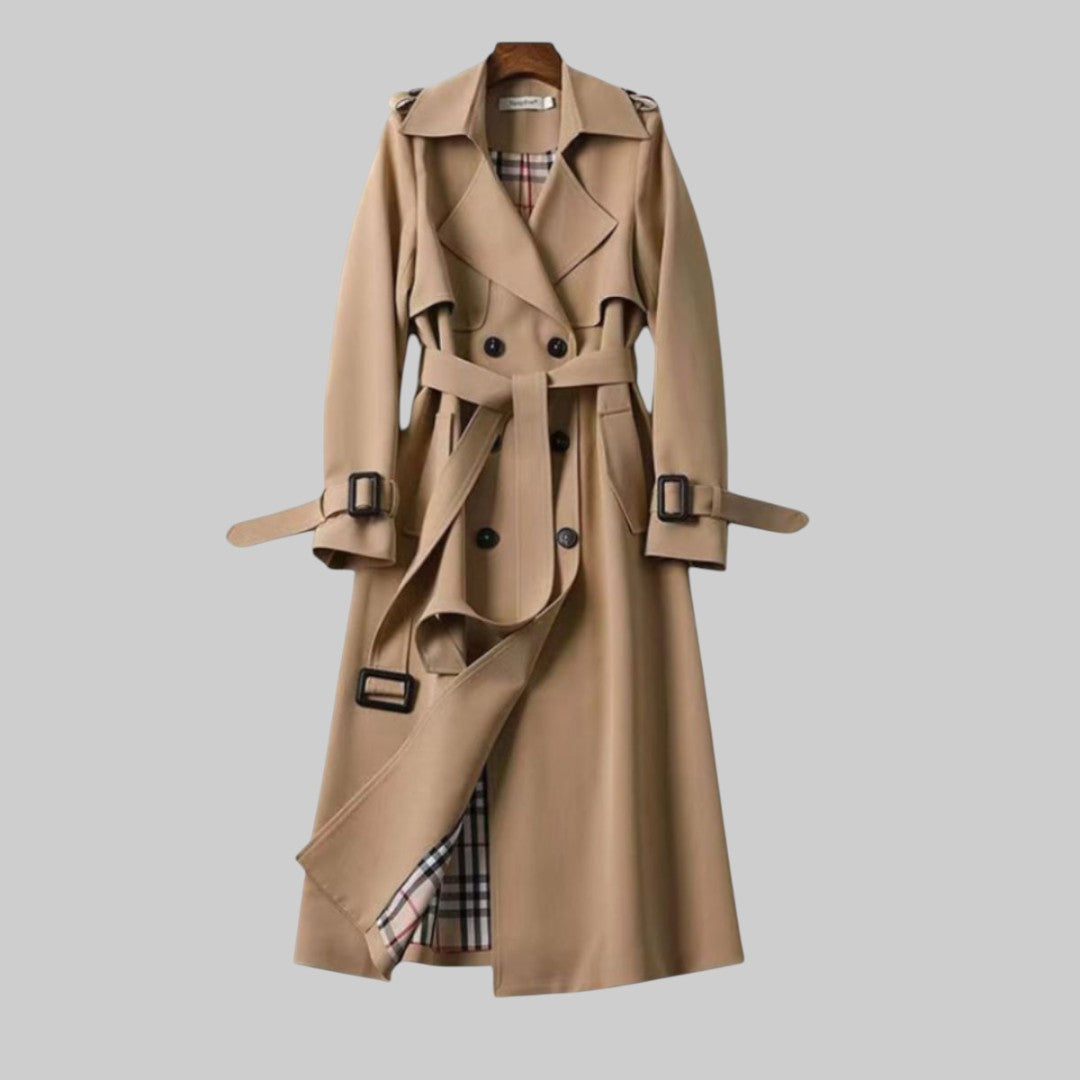 Women's Belted Trench Coat Extended Length Classic Double Front Button Lapel Collar Adjustable Waist Structured Outerwear for Office | Lonoma
