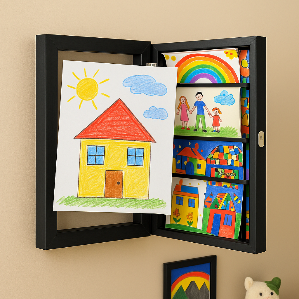 Kids Art Display Frame with Storage for 150 Drawings - Flip-Front Wooden Picture Frame A4 A3 for Bedroom Living Room Playroom | Lonoma