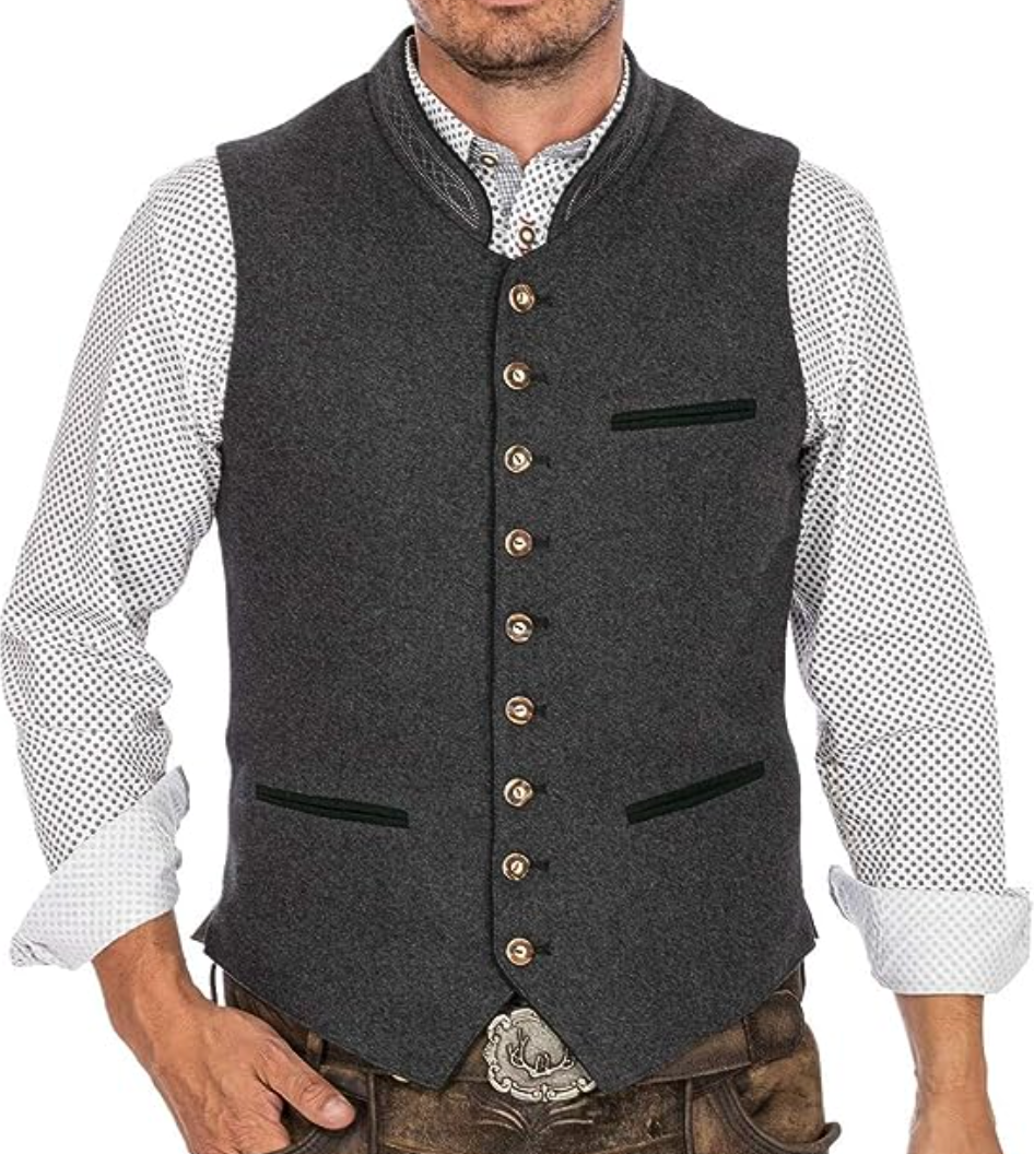 Men's Dark Grey Traditional Waistcoat — Slim Fit Formal Waistcoat with Stand Collar & Embroidered Detail | Koossa