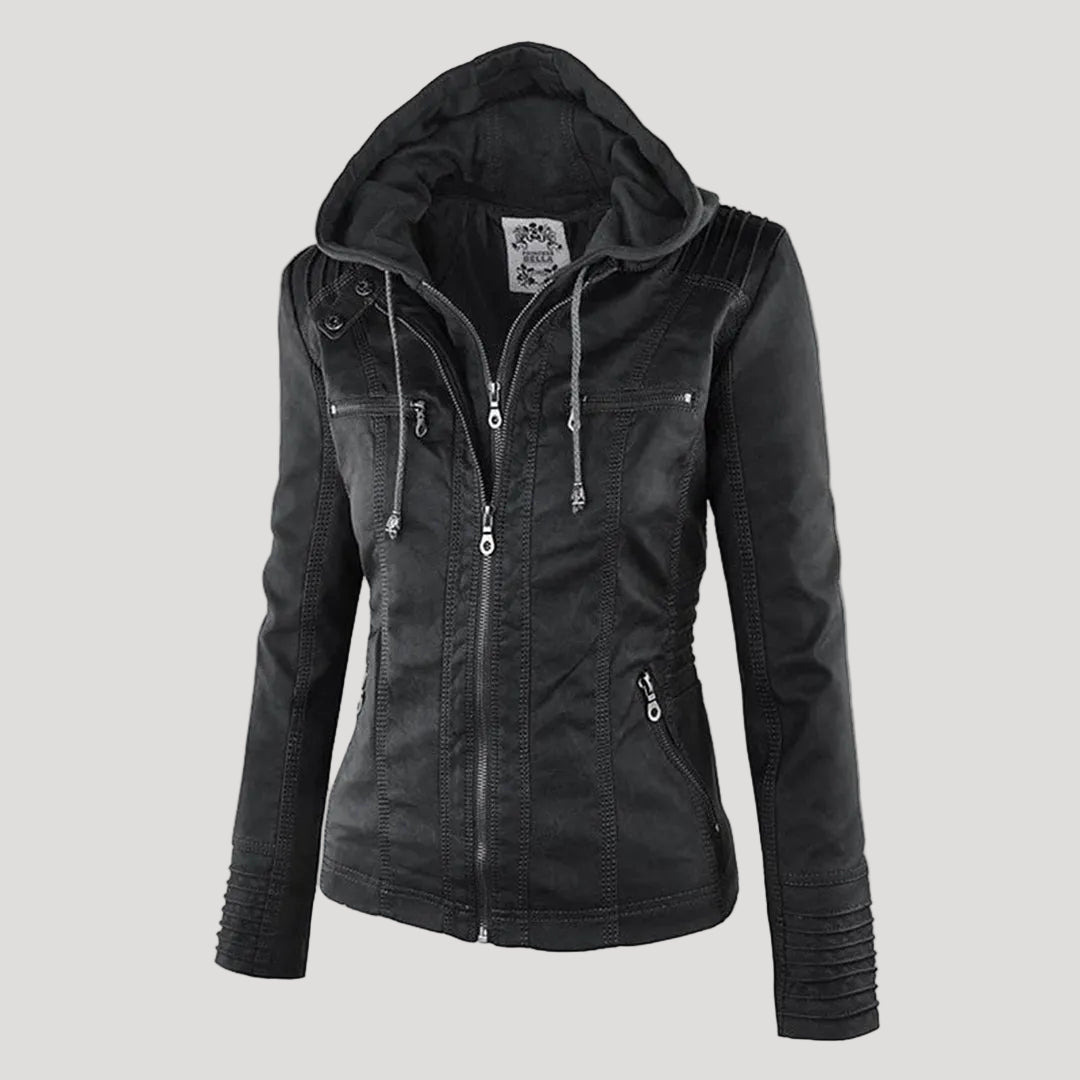 Women's Black Hooded Jacket with Zip & Button Fastening — Weather-Resistant Outerwear for Everyday Elegance | Koossa