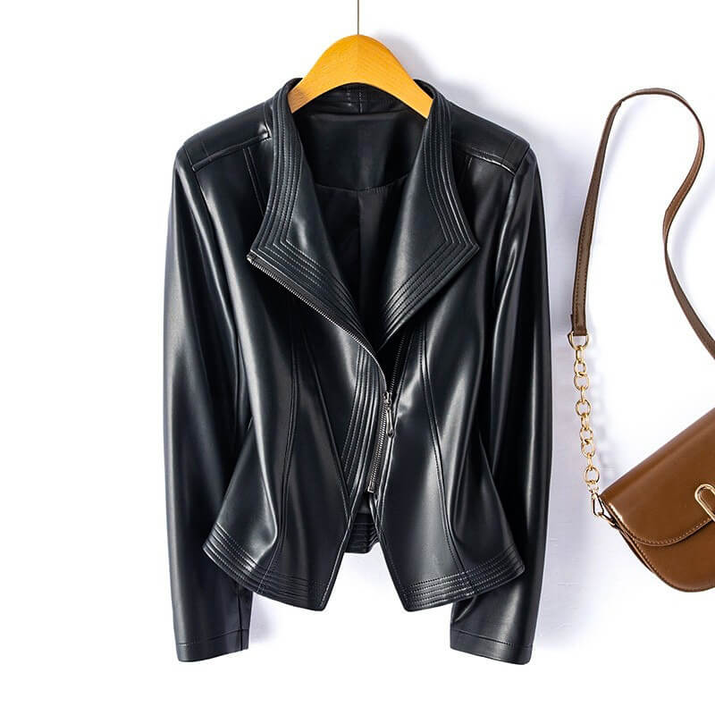 Women's Tailored Faux Leather Biker Jacket in Black, Red & Beige for Evening & Weekend | Koossa