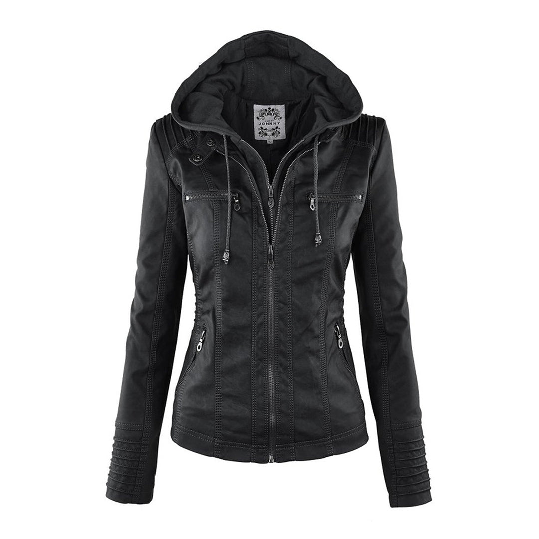 Women's Black Hooded Jacket with Zip & Button Fastening — Weather-Resistant Outerwear for Everyday Elegance | Koossa