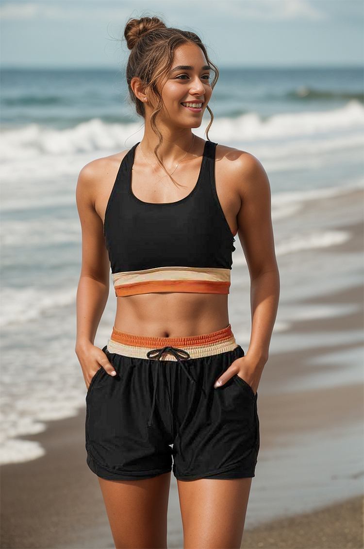 Women's Black Colourblock Racerback Bikini Top with High-Waist Boyshort Set — Active Swimwear for Beach & Pool | Koossa