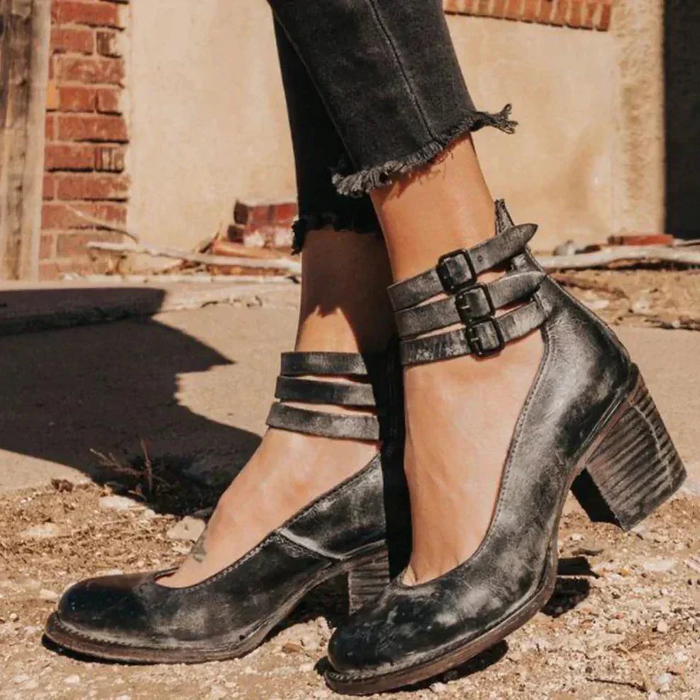 Women's Leather Court Shoes with Double Ankle Straps and Block Heel for All-Day Elegance and Comfort | Koossa