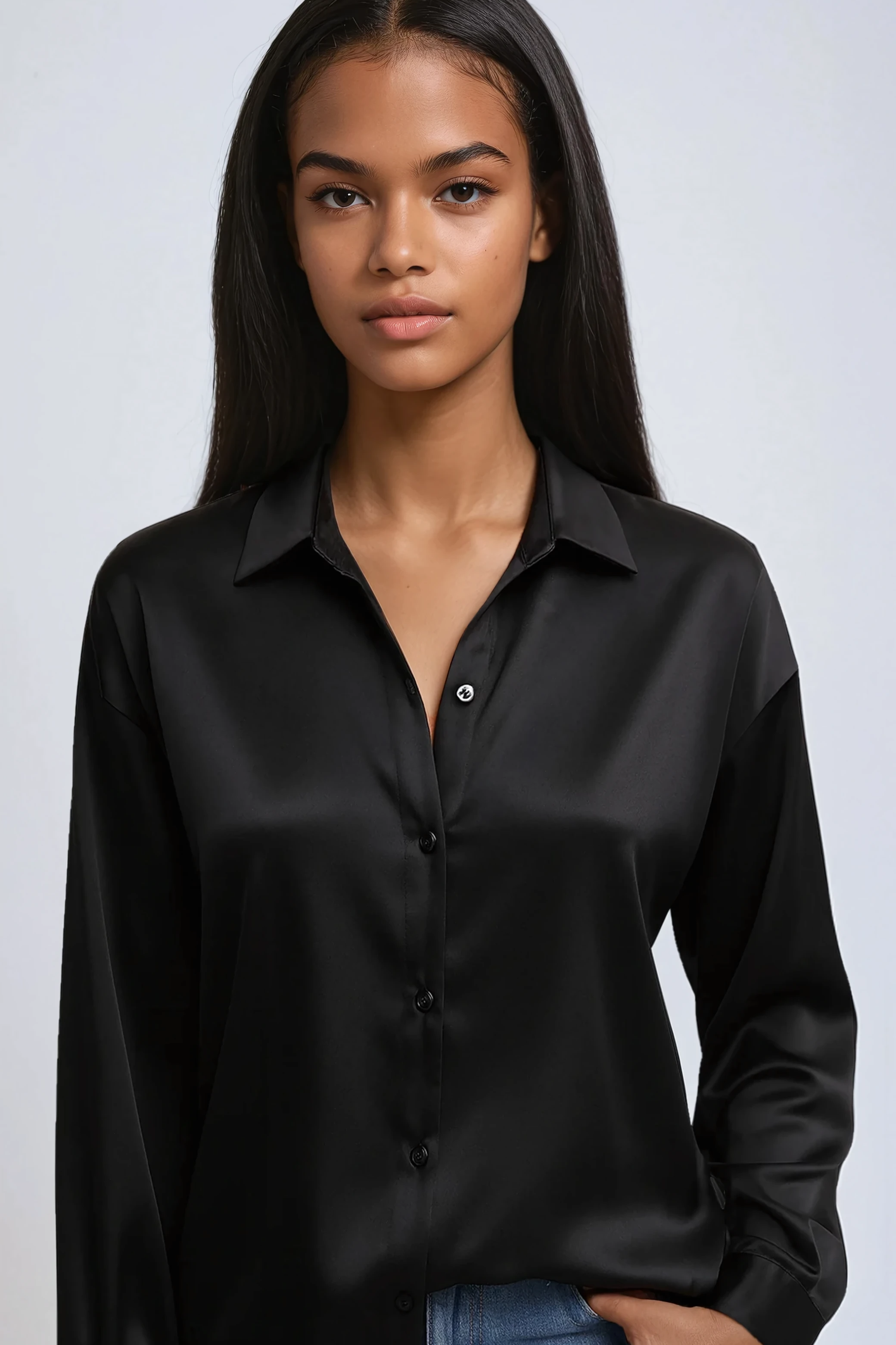 Lustrous Satin Blouse in Black with Classic Collar for Smart Occasions | Koossa