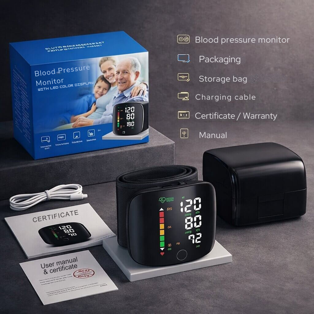 Rechargeable Wrist Blood Pressure Monitor with Voice Readout & Touch Screen, Home Health Tracker, Portable BP Cuff for Travel | Lonoma