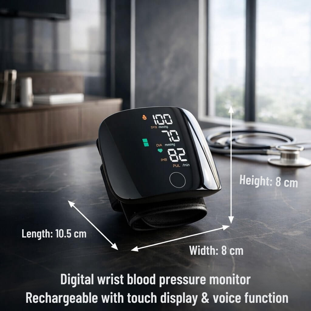 Rechargeable Wrist Blood Pressure Monitor with Voice Readout & Touch Screen, Home Health Tracker, Portable BP Cuff for Travel | Lonoma