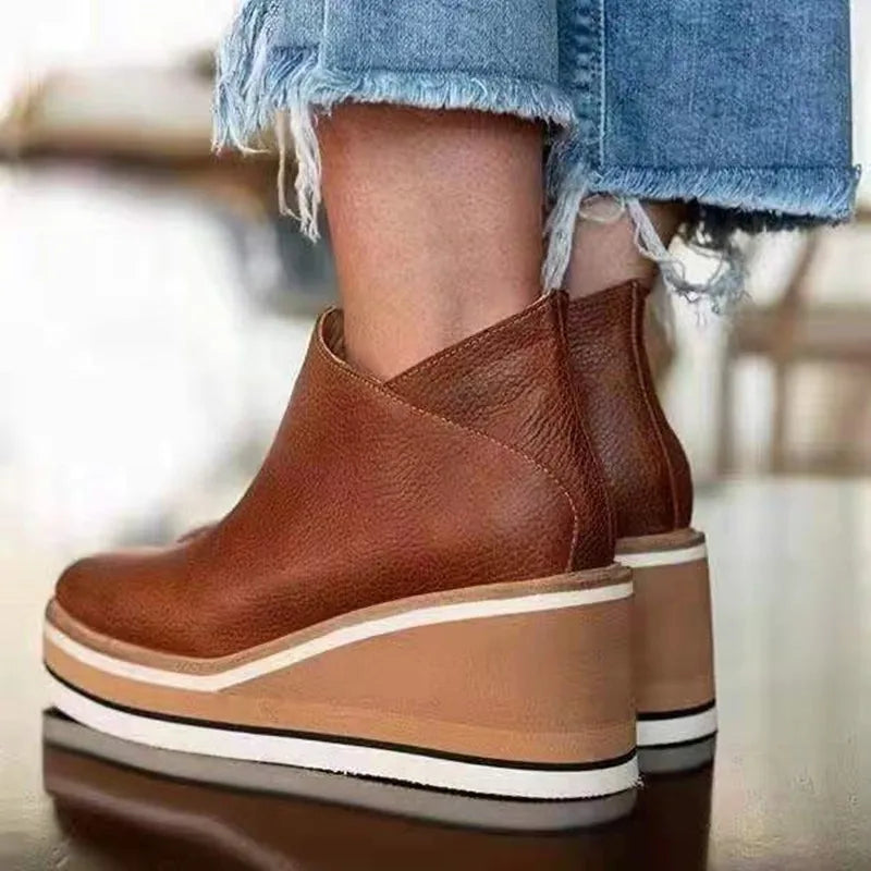 Wedge Ankle Boots with Side Zip in Khaki, Black, Beige, Brown & Royal Blue | Casual Platform Footwear for Weekend Styling | Koossa