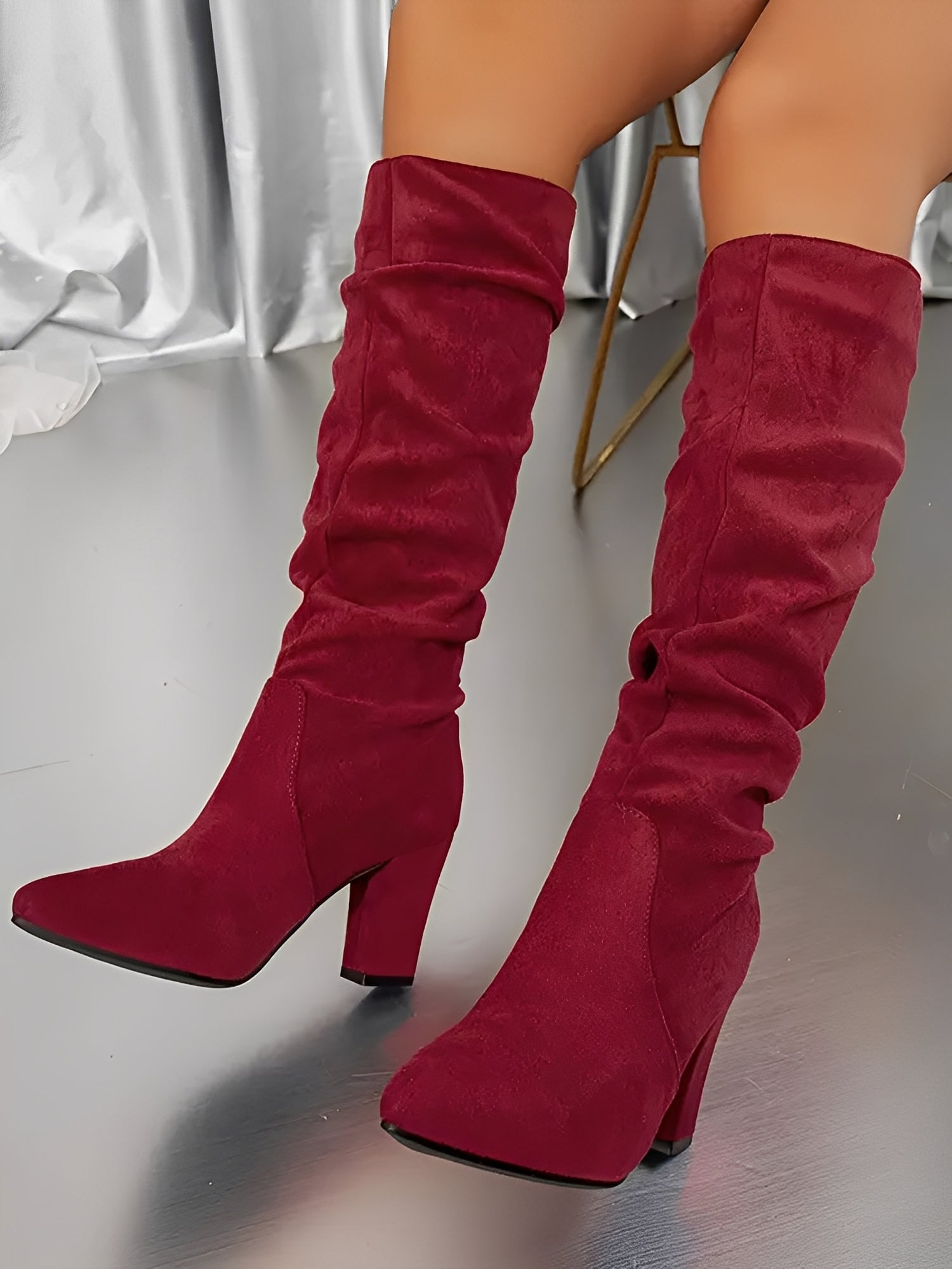 Knee-High Slouch Boots with Pointed Toe and Block Heel in Beige, Black, Red and Brown | Koossa