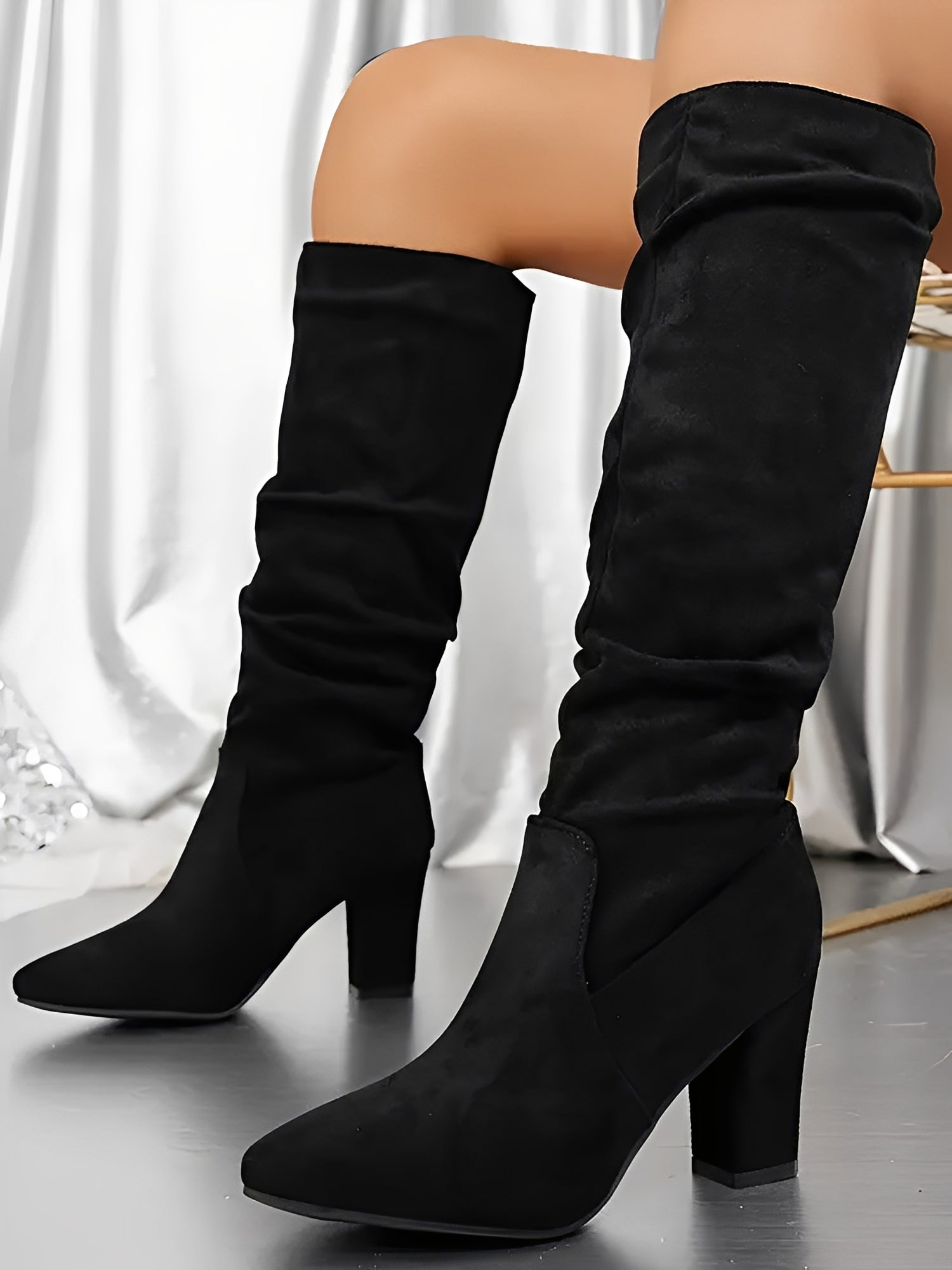 Knee-High Slouch Boots with Pointed Toe and Block Heel in Beige, Black, Red and Brown | Koossa