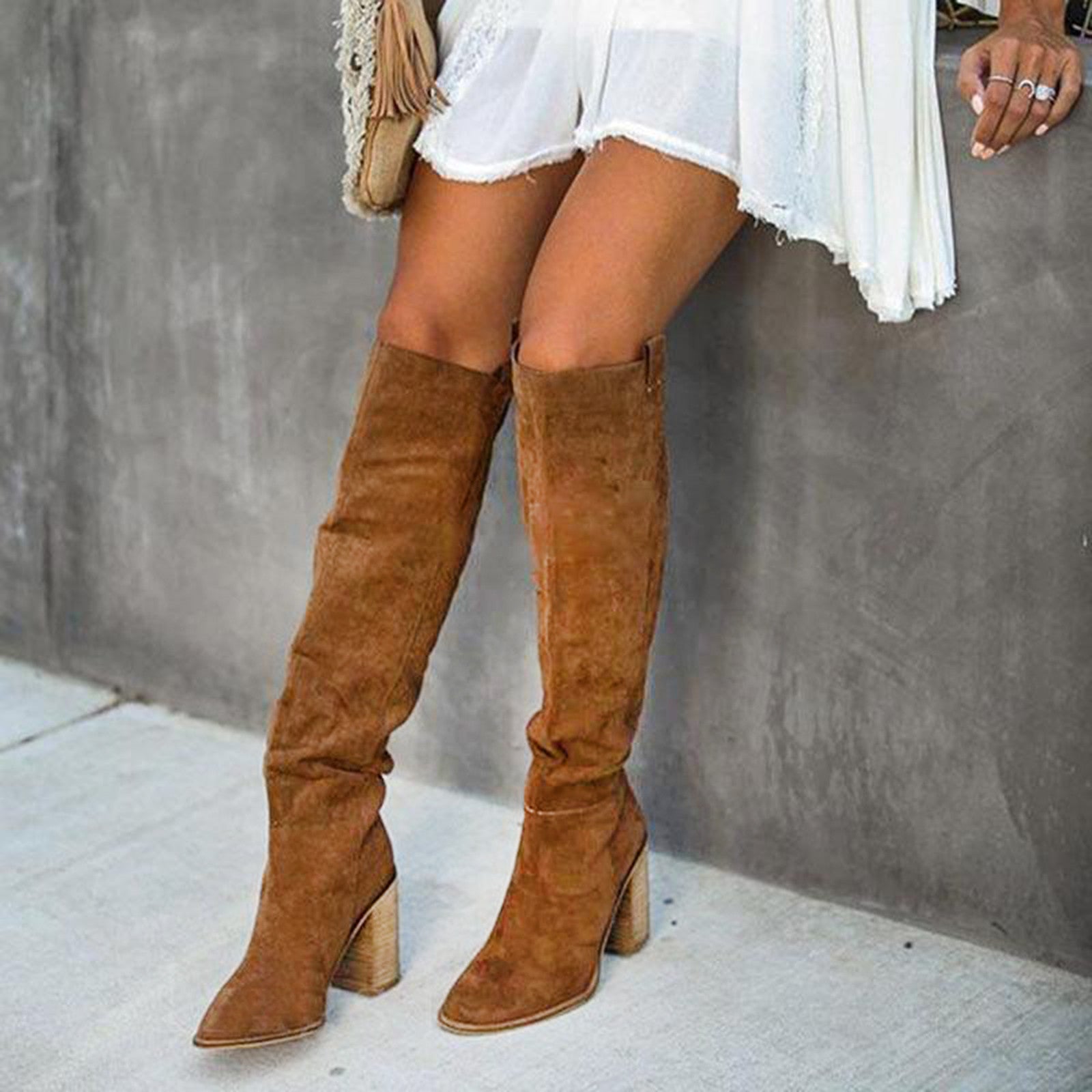 Pointed-Toe Knee-High Boots with Block Heel in Black, Brown & Grey – Elegant Pull-On Design for Smart Casual & Evening Wear | Koossa