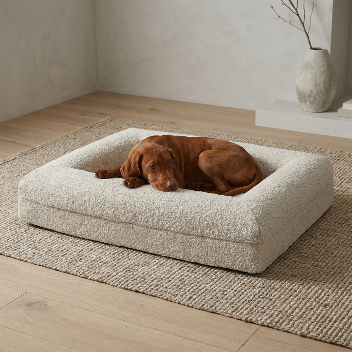 Dog Bed Bouclé Memory Foam Bolster Raised Sides Large Medium Orthopedic Dog Sofa Luxury Washable Cover Indoor Cream | Koossa