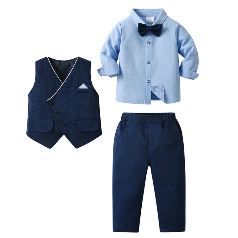 Boys' Three-Piece Formal Suit Set with Shirt, Waistcoat, Trousers and Bow Tie for Special Occasions | Koossa