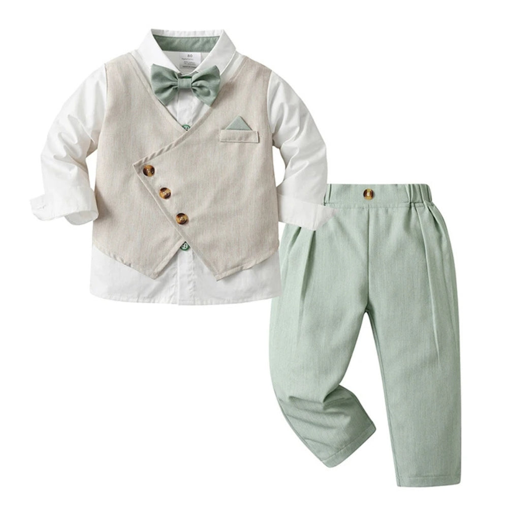 Boys' Three-Piece Formal Suit Set with Shirt, Waistcoat, Trousers and Bow Tie for Special Occasions | Koossa