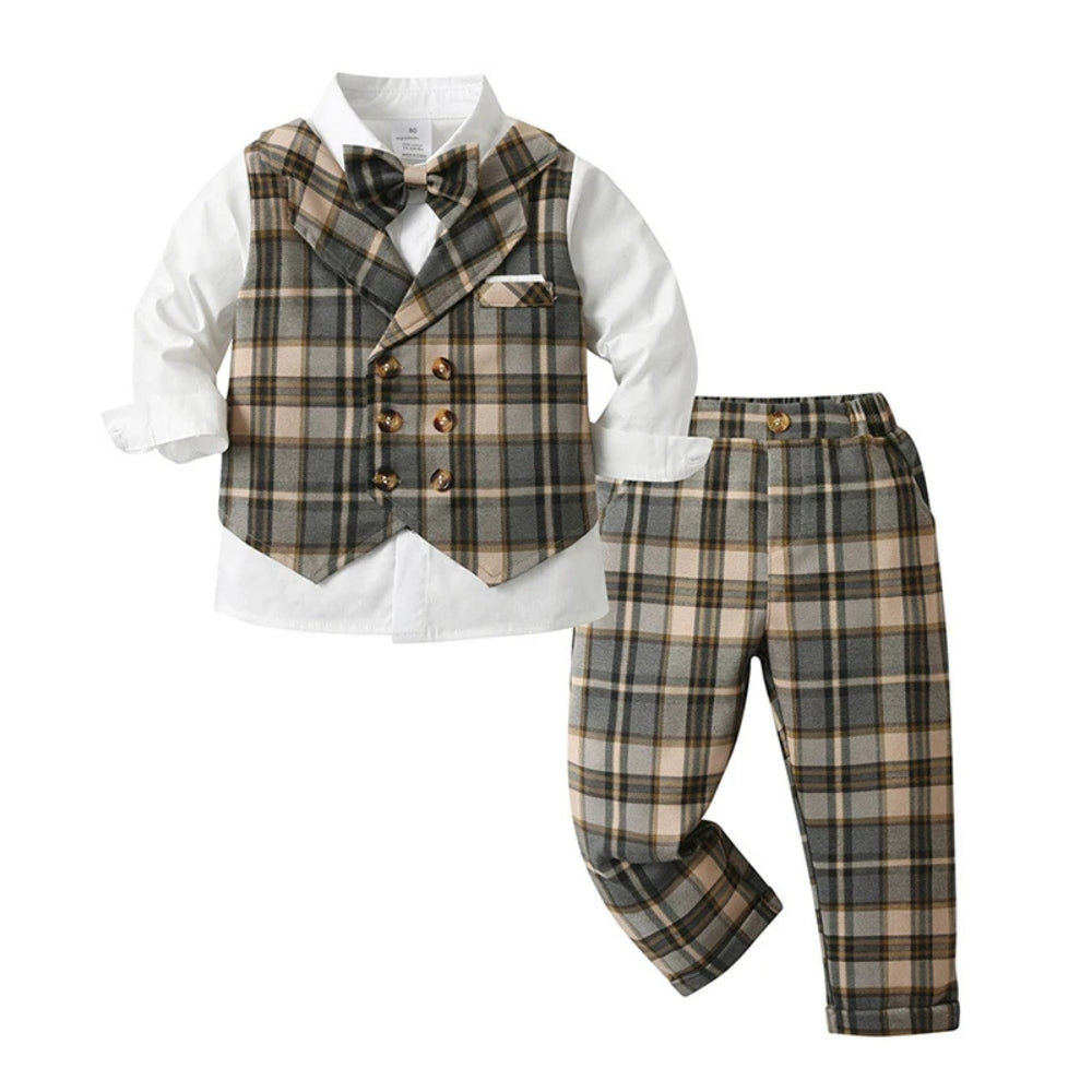 Boys' Three-Piece Formal Suit Set with Shirt, Waistcoat, Trousers and Bow Tie for Special Occasions | Koossa
