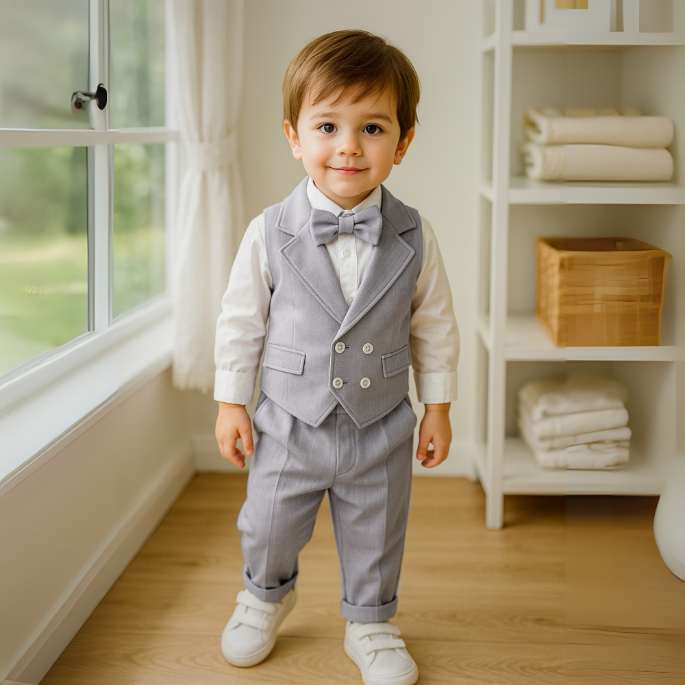 Boys 3-Piece Formal Suit Set with Shirt, Vest, Pants & Bow Tie, Navy Blue Toddler Dress Outfit for Weddings, Parties & Photos | Lonoma