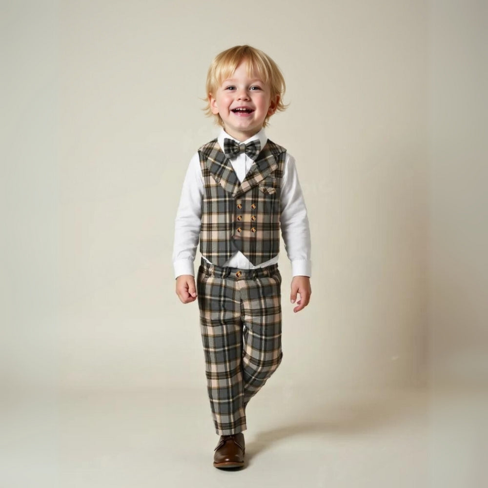 Boys' Three-Piece Formal Suit Set with Shirt, Waistcoat, Trousers and Bow Tie for Special Occasions | Koossa