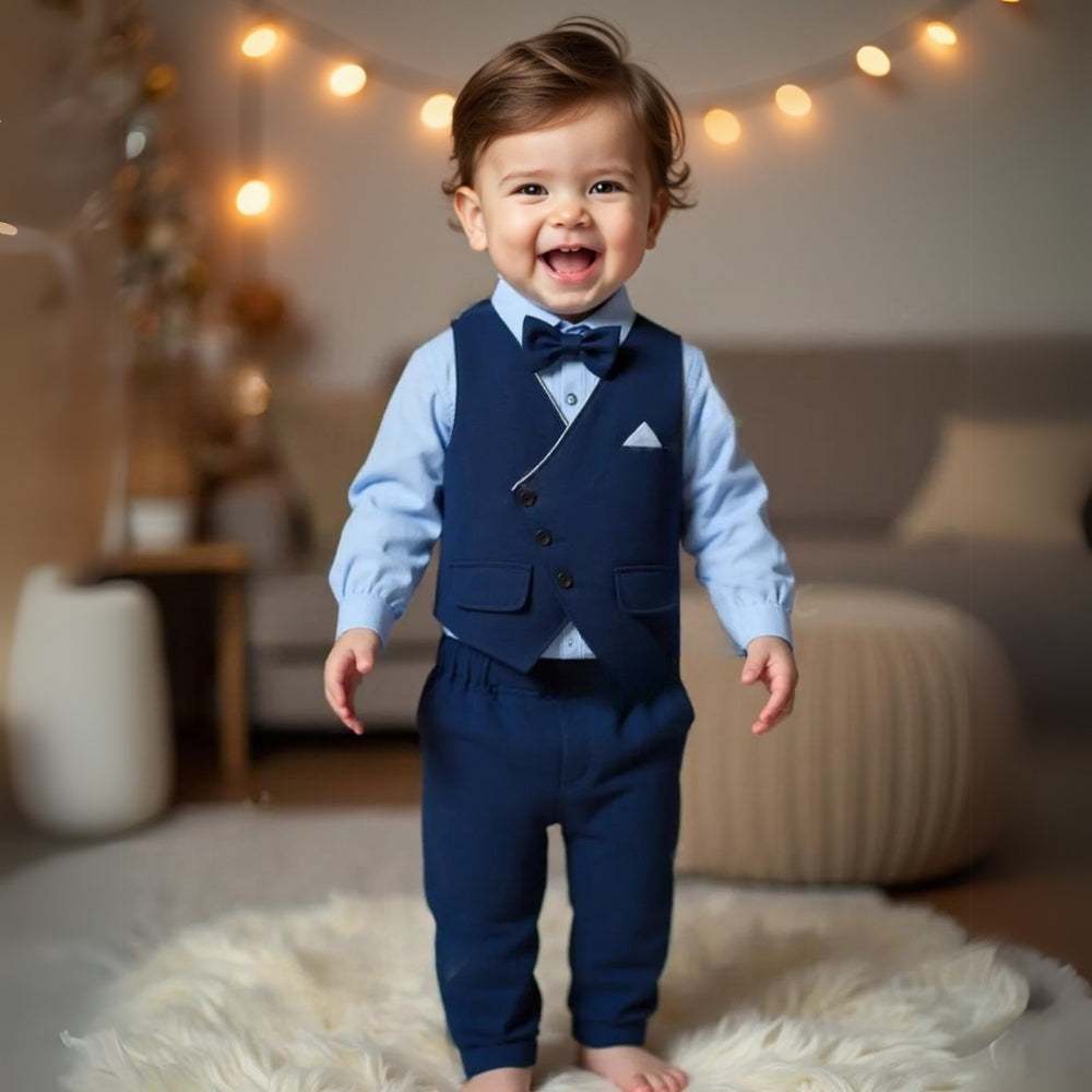 Boys' Three-Piece Formal Suit Set with Shirt, Waistcoat, Trousers and Bow Tie for Special Occasions | Koossa