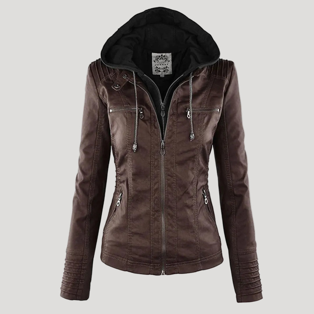 Women's Black Hooded Jacket with Zip & Button Fastening — Weather-Resistant Outerwear for Everyday Elegance | Koossa