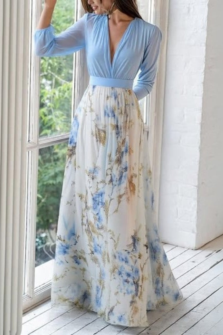 Floral Maxi Dress with Sky-Blue Bodice and V-Neckline for Weddings and Garden Parties | Koossa