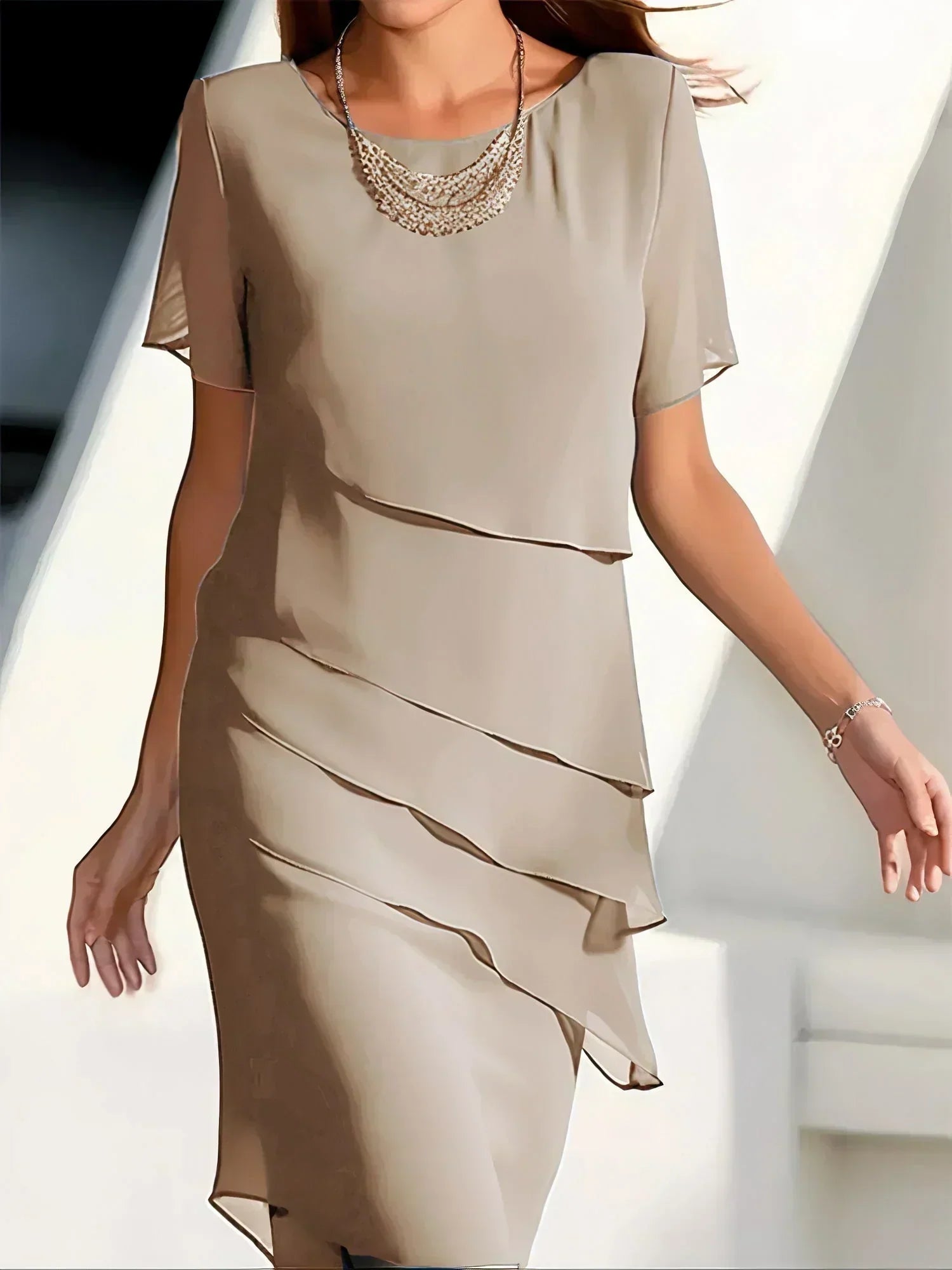 Women's Layered Chiffon Dress with Short Sleeves – Flowing Silhouette for Special Occasions and Daytime Elegance | Koossa