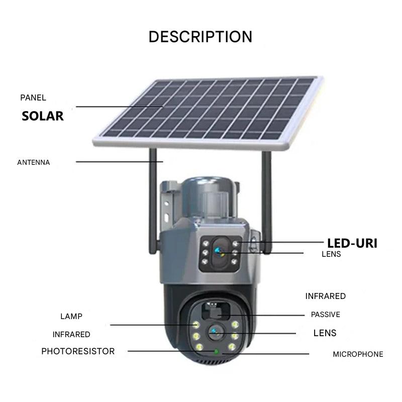 Caméra de surveillance 4K double objectif panneau solaire zoom 10× rotation 360° WiFi 4G vision nocturne | Koossa
