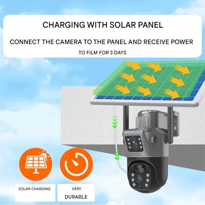 Caméra de surveillance 4K double objectif panneau solaire zoom 10× rotation 360° WiFi 4G vision nocturne | Koossa