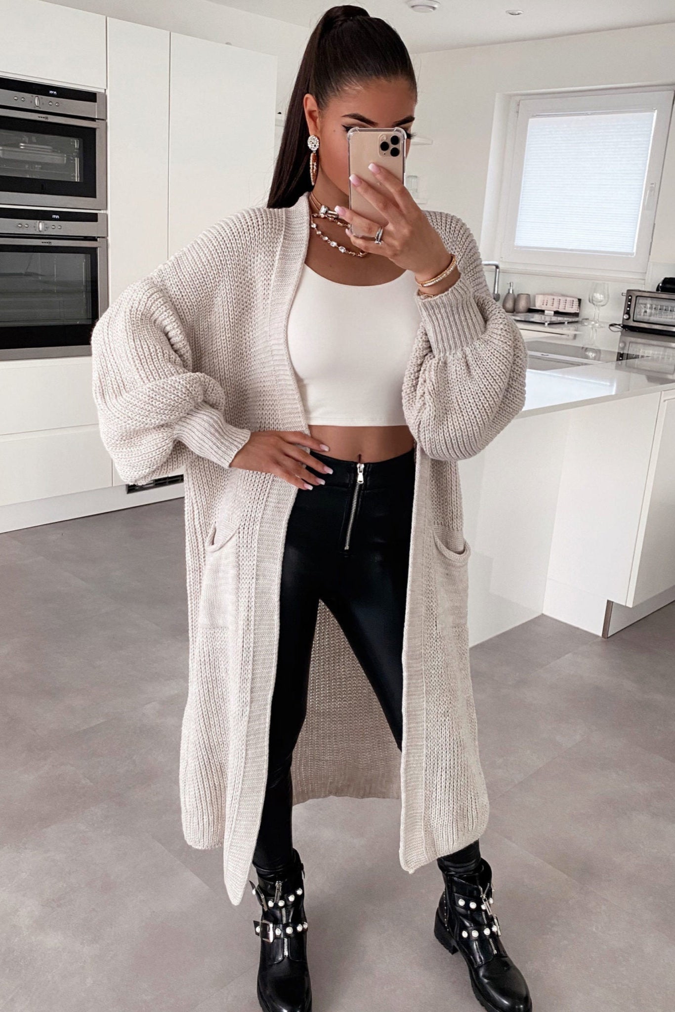 Women's Longline Open-Front Knitted Cardigan in Soft Neutral Tones for Effortless Everyday Elegance | Koossa