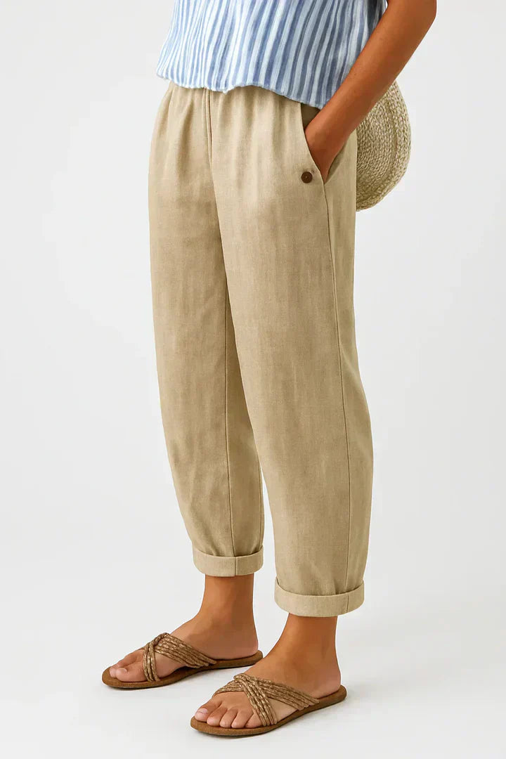 Women's Lightweight Cotton Trousers with Elastic Waist in Beige, White, Blue, Olive, Grey & Black – Relaxed Straight Leg for Effortless Summer Everyday Style | Koossa
