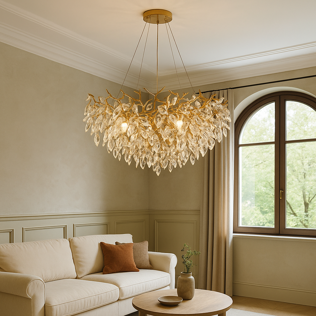 Tiered Crystal Pendant Light 31.5 in Gold Finish Warm White Chandelier for Dining Room & Entryway | Lonoma