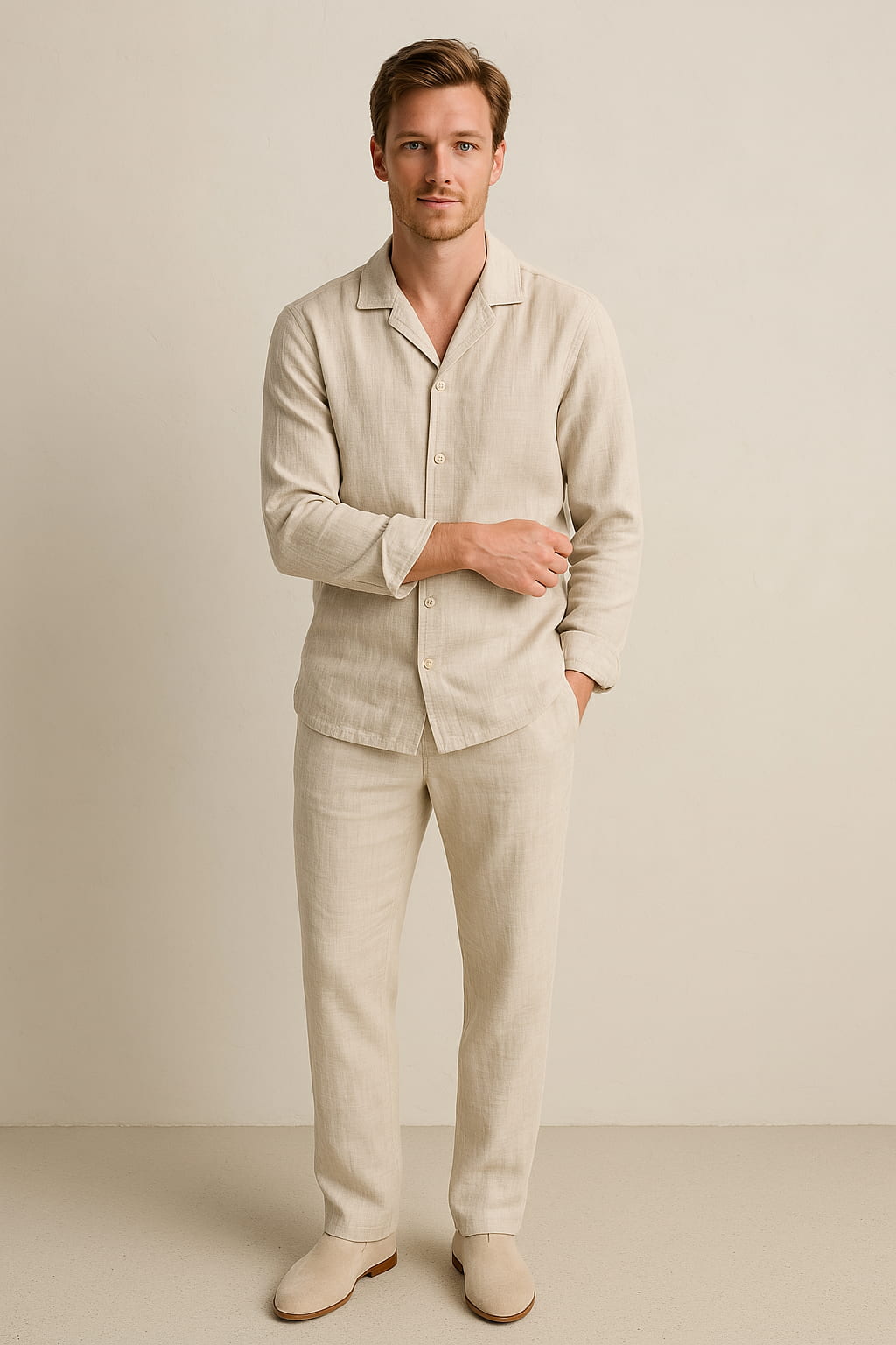 Linen-Blend Shirt and Trousers Co-ord Set in Beige for Smart-Casual Occasions | Koossa