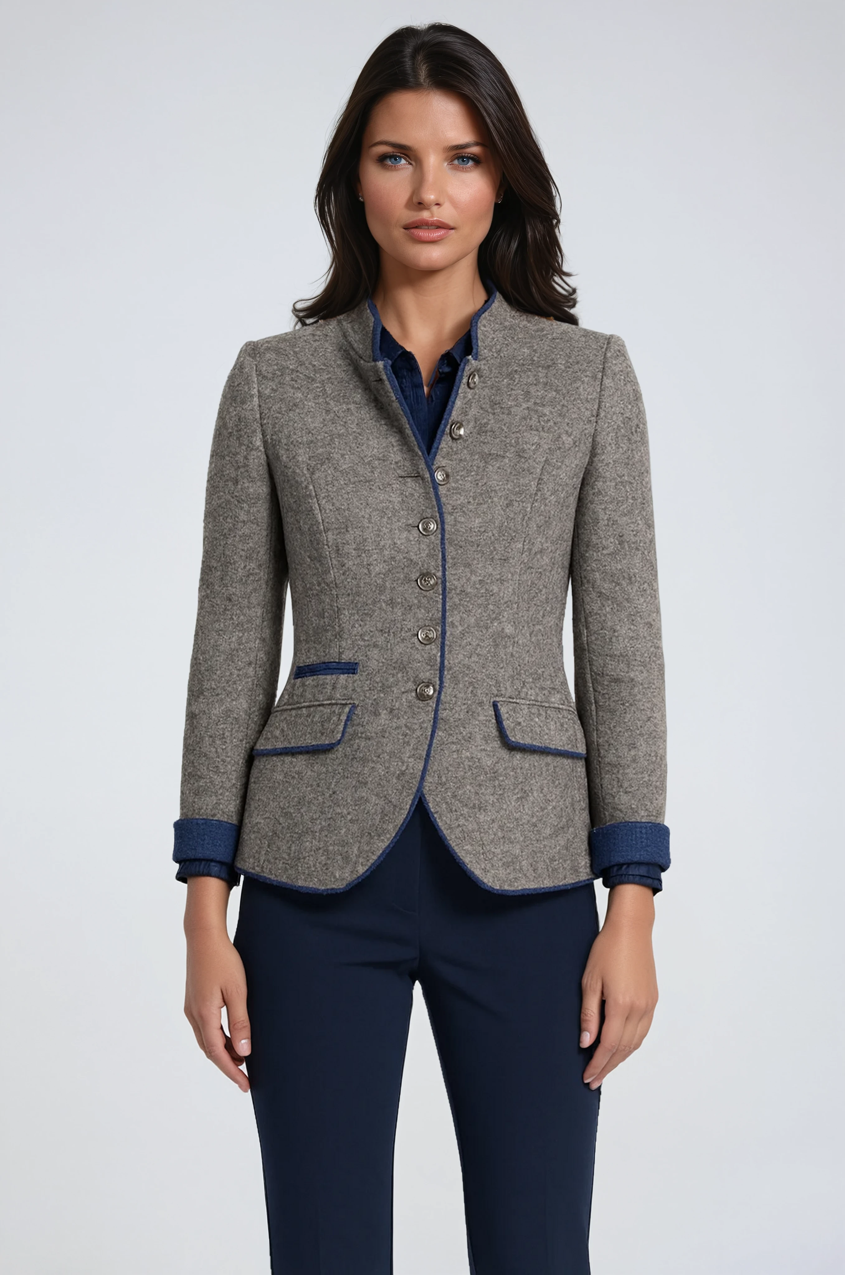 Stand Collar Wool Blazer in Grey – Tailored Jacket for Office and Evening | Koossa