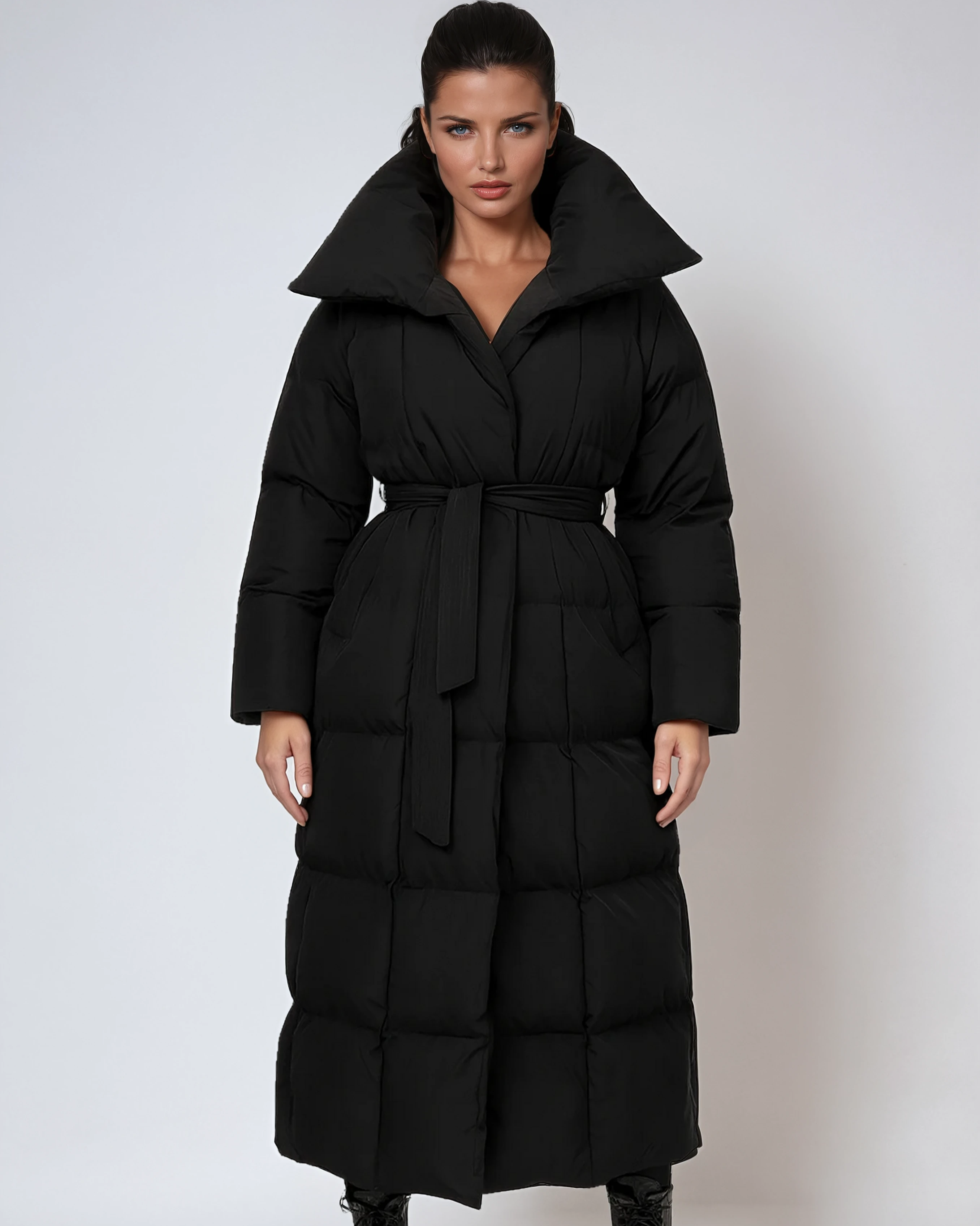 Women's Black Maxi Puffer Coat with Belt — Elegant Long Winter Jacket for Cold Weather & Everyday Style | Koossa