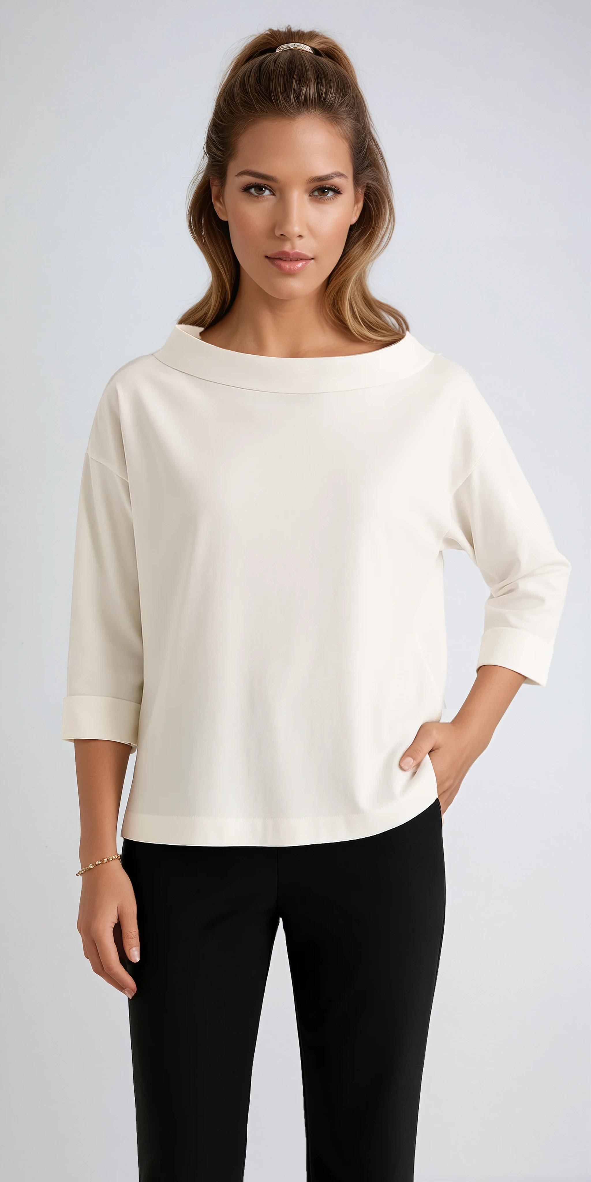Women's Cotton Boat Neck Top with Three-Quarter Sleeves in Seven Classic Colours | Koossa