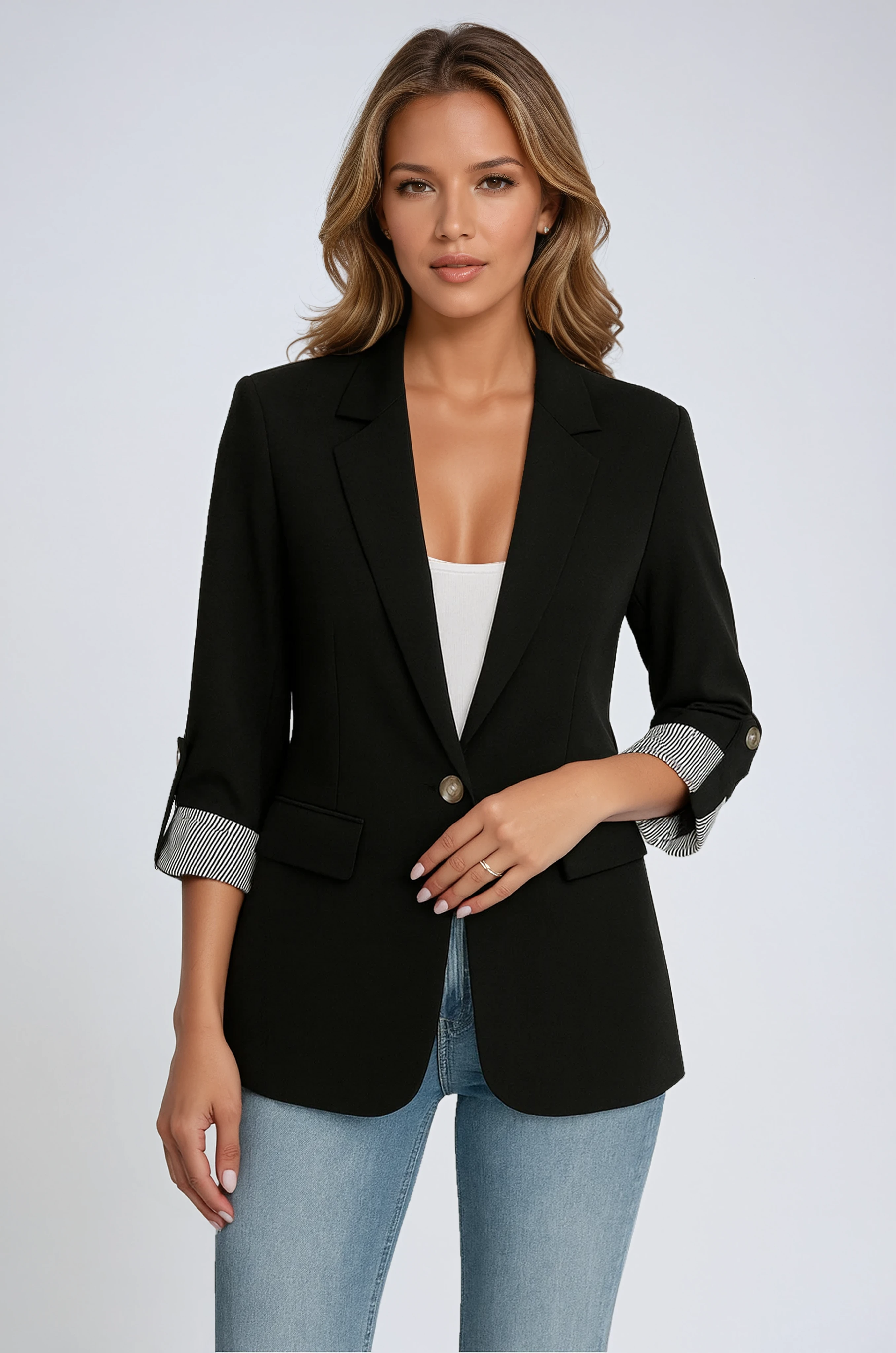 Women's Single-Breasted Blazer with Roll-Tab Sleeves in Classic Tailored Fit for Work and Weekend | Koossa