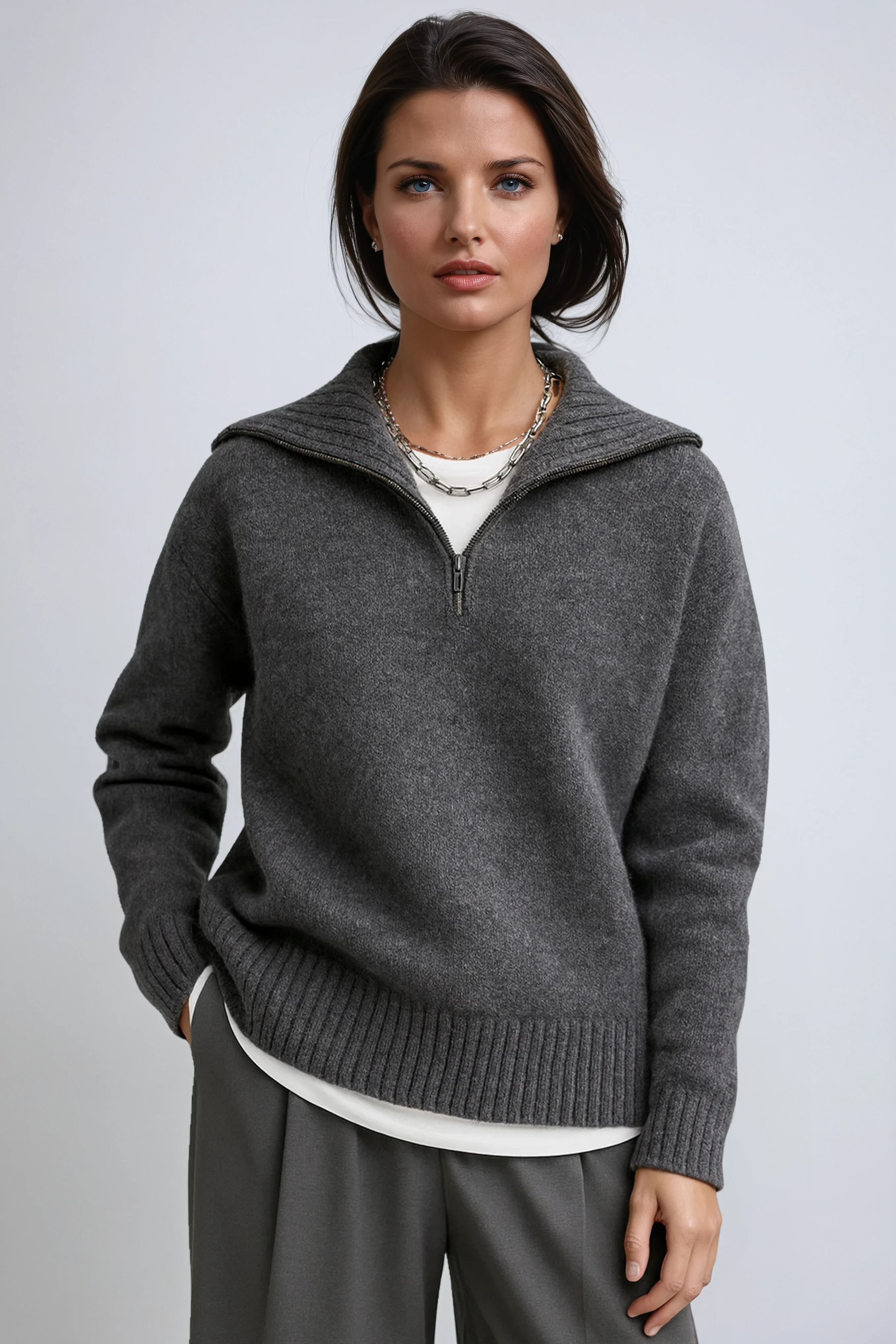 Half-Zip Knitted Jumper – High Neck Soft Chunky Knit Relaxed Fit Grey White Brown | Koossa