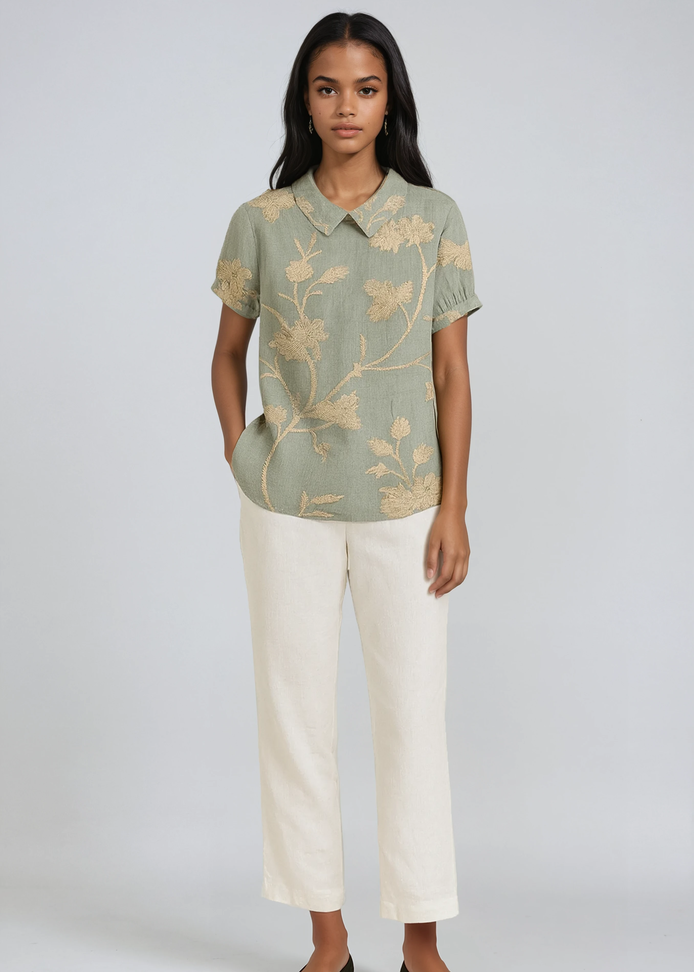 Linen Blouse with Embroidered Flowers and Peter Pan Collar Spring Summer Lightweight Breathable Top | Koossa