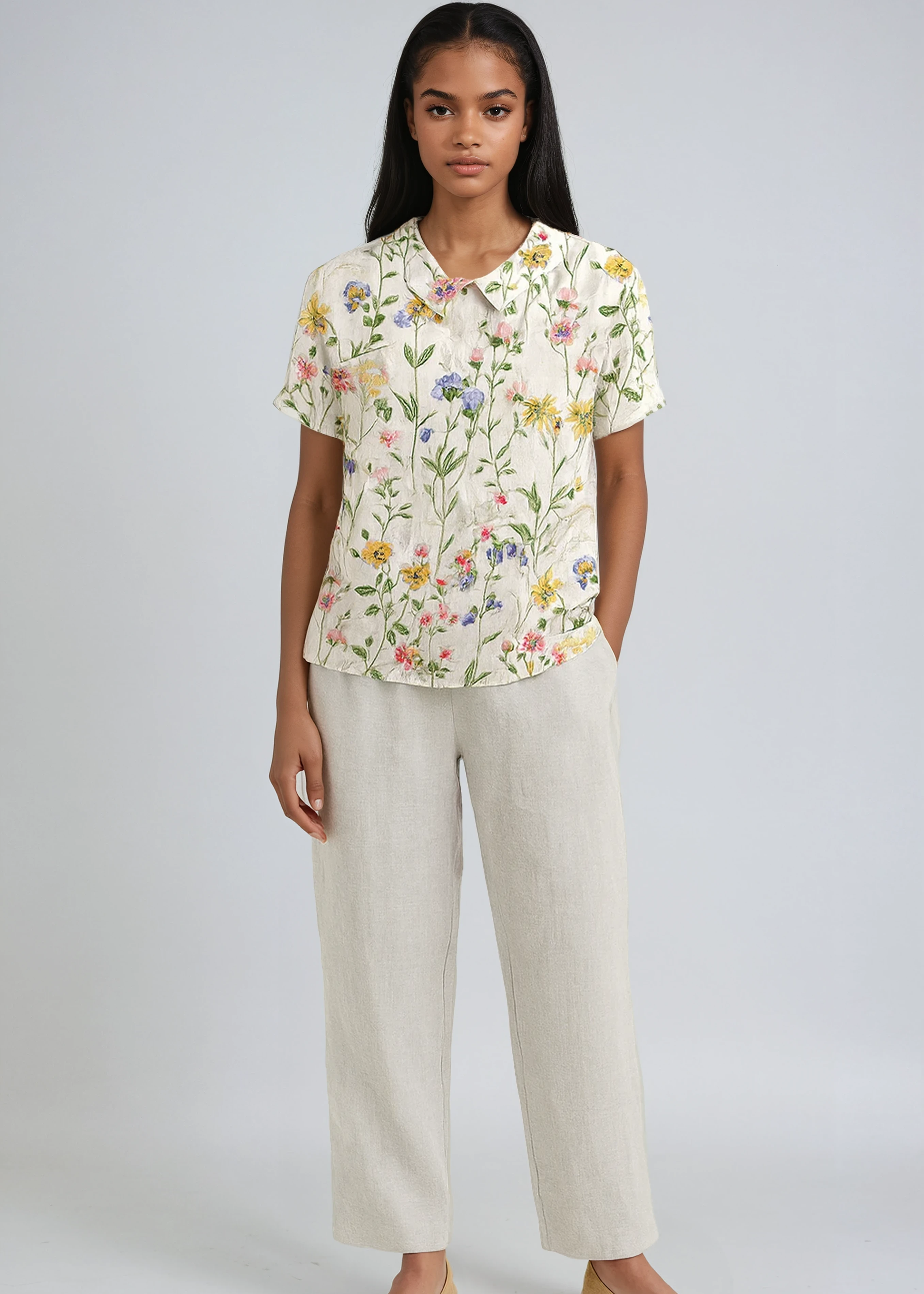 Linen Blouse with Embroidered Flowers and Peter Pan Collar Spring Summer Lightweight Breathable Top | Koossa