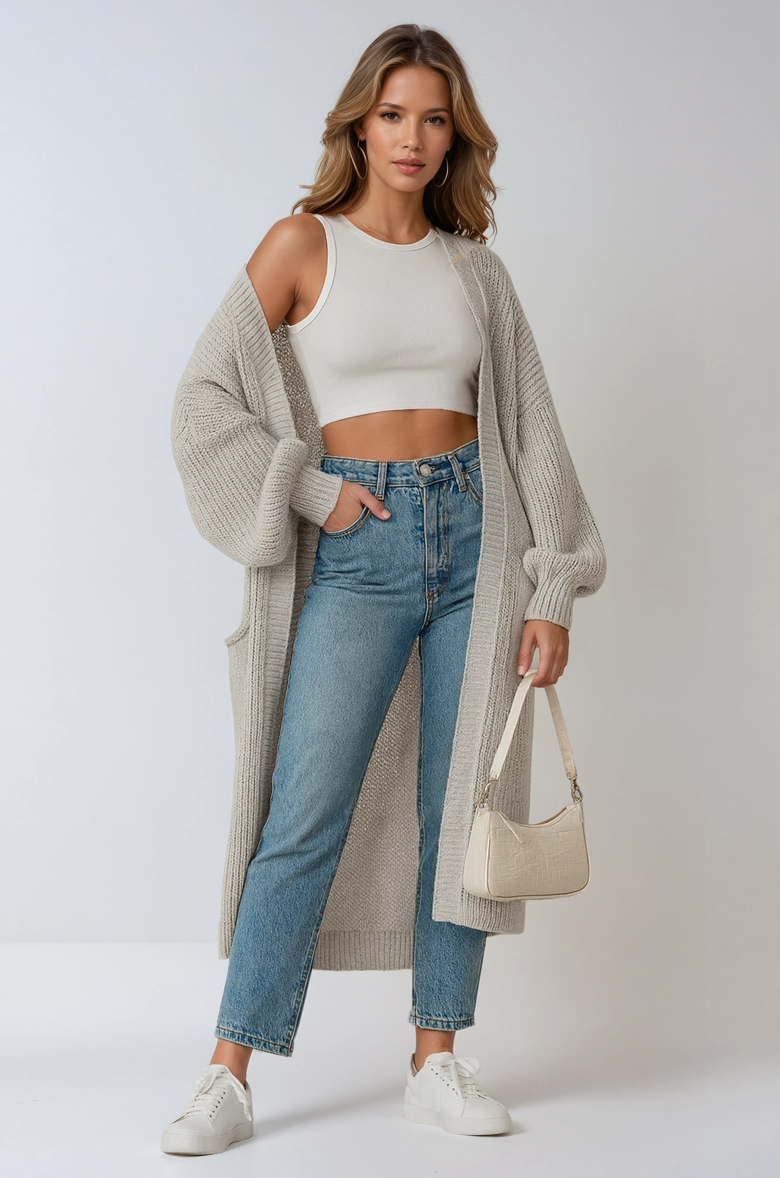 Women's Longline Open-Front Knitted Cardigan in Soft Neutral Tones for Effortless Everyday Elegance | Koossa
