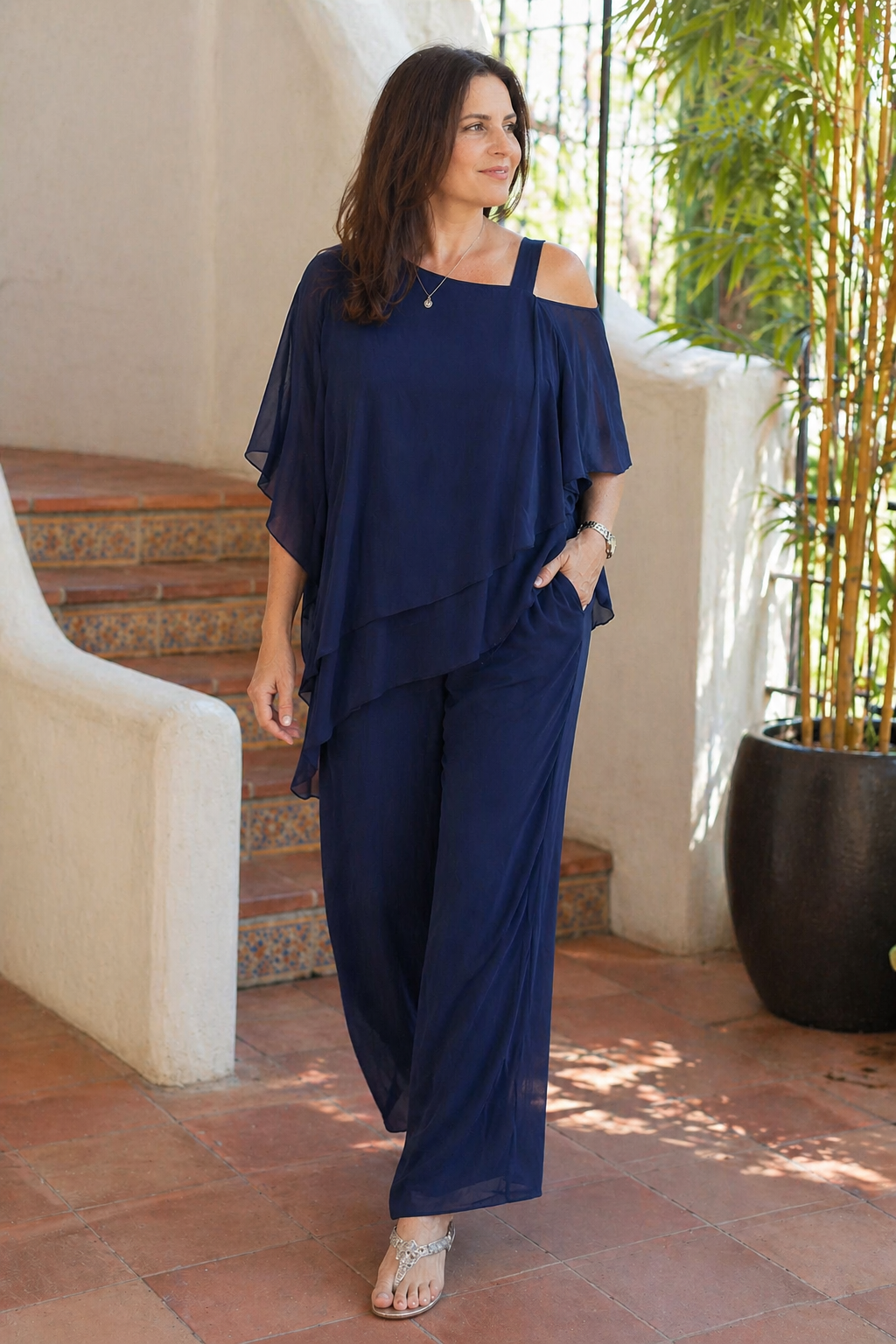 Women's Two-Piece Co-Ord Set with Asymmetric Overlay Top and Straight-Leg Trousers — Elegant Occasion Wear | Koossa
