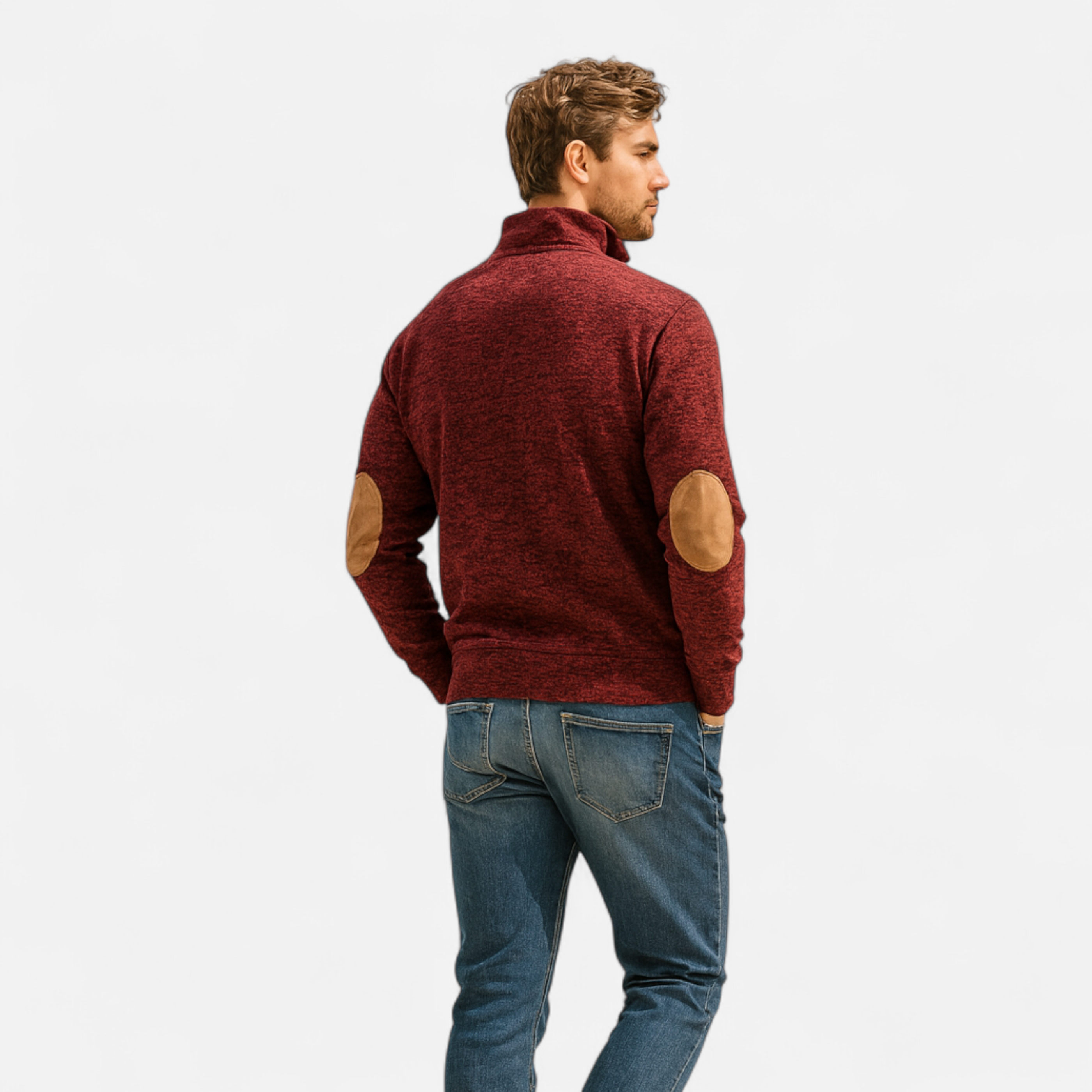 Stand-Collar Knitted Pullover with Elbow Patches in Nine Colours | Classic Half-Button Design for Office and Weekend | Warm Layering Jumper | Koossa